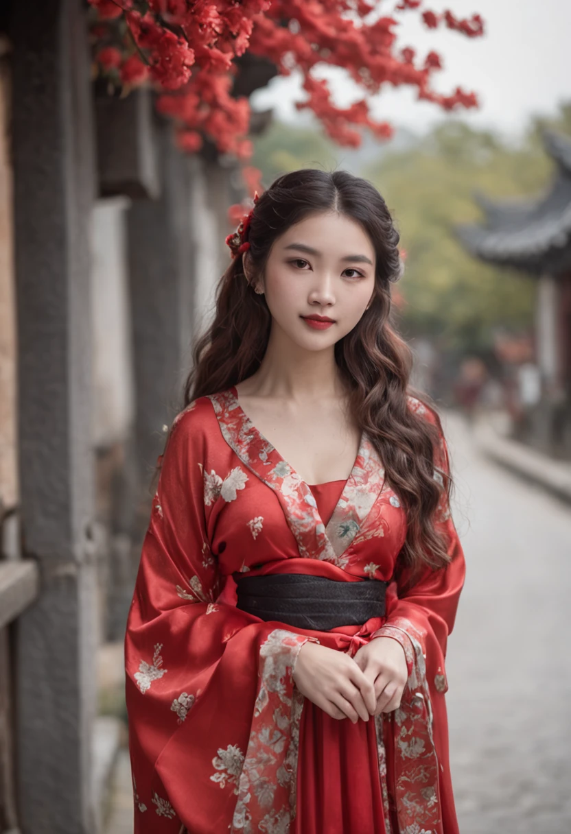 realistic, RAW photo, dslr, film grain, Fujifilm XT3, night shot, 1girl, goddess women, (curly hair, long hair), (thigh,off shoulder:1.2), ([:see-through:4]:1.4) (red floral print hanfu:1.1), pencil skirt, black pantyhose, (deserted street:1.3), Backlit, Bokeh, Contrast Filters, (smile:0.8), looking at viewer, (china jiangnan water town style:1.1), water, wet, ,