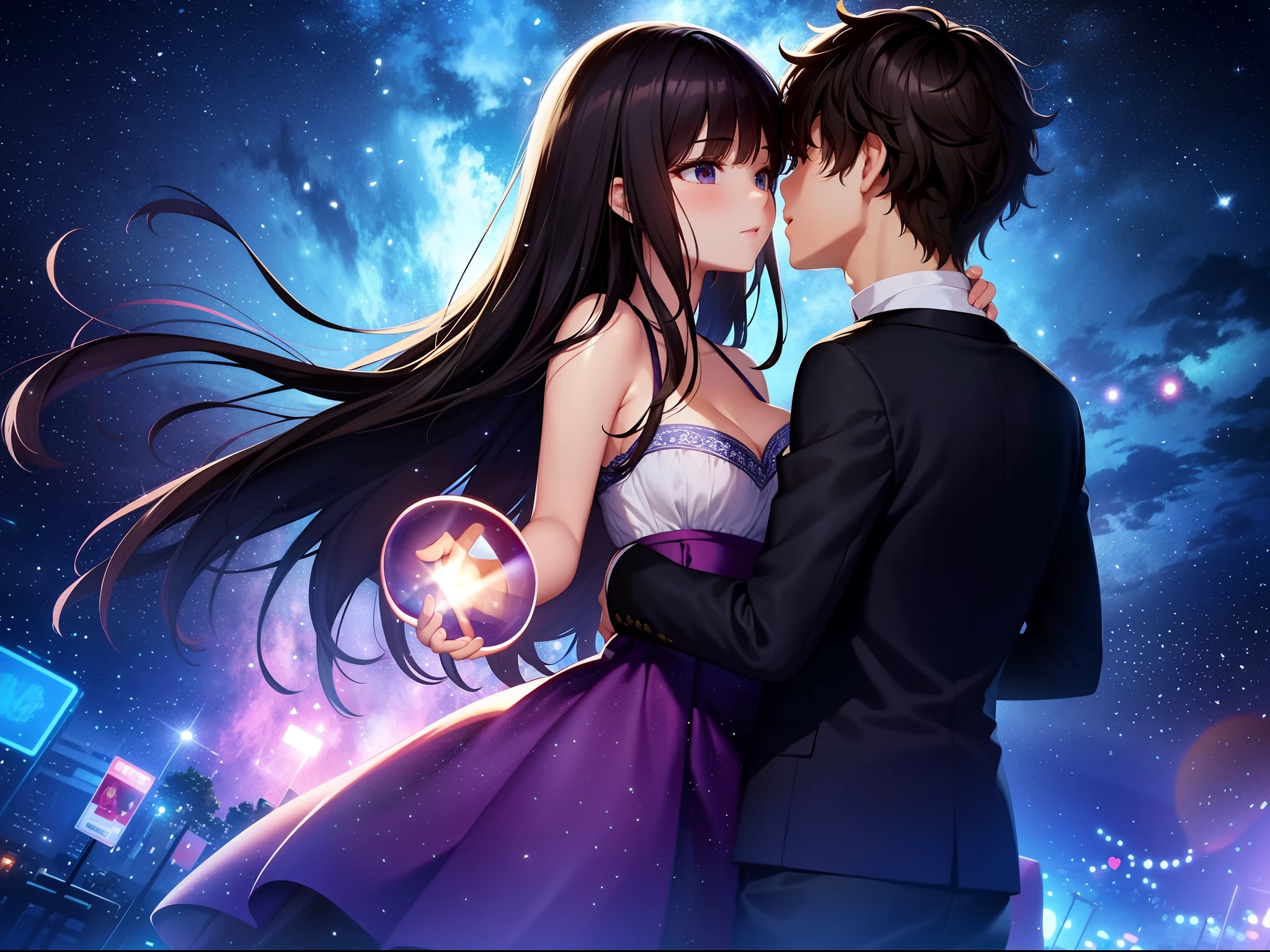 Romantic couple kissing in the wind，Brunette boy，High-haired girls，glowing stars，Glow effects，Heart-shaped bubbles，the night，he Ferris wheel，fire works，The face is clear and accurate，detail in face，super-fine，16K resolution，high qulity，电影灯光，High picture detail，dynamic viewing angle，Detailed pubic hair，Epic shooting，oc rendered