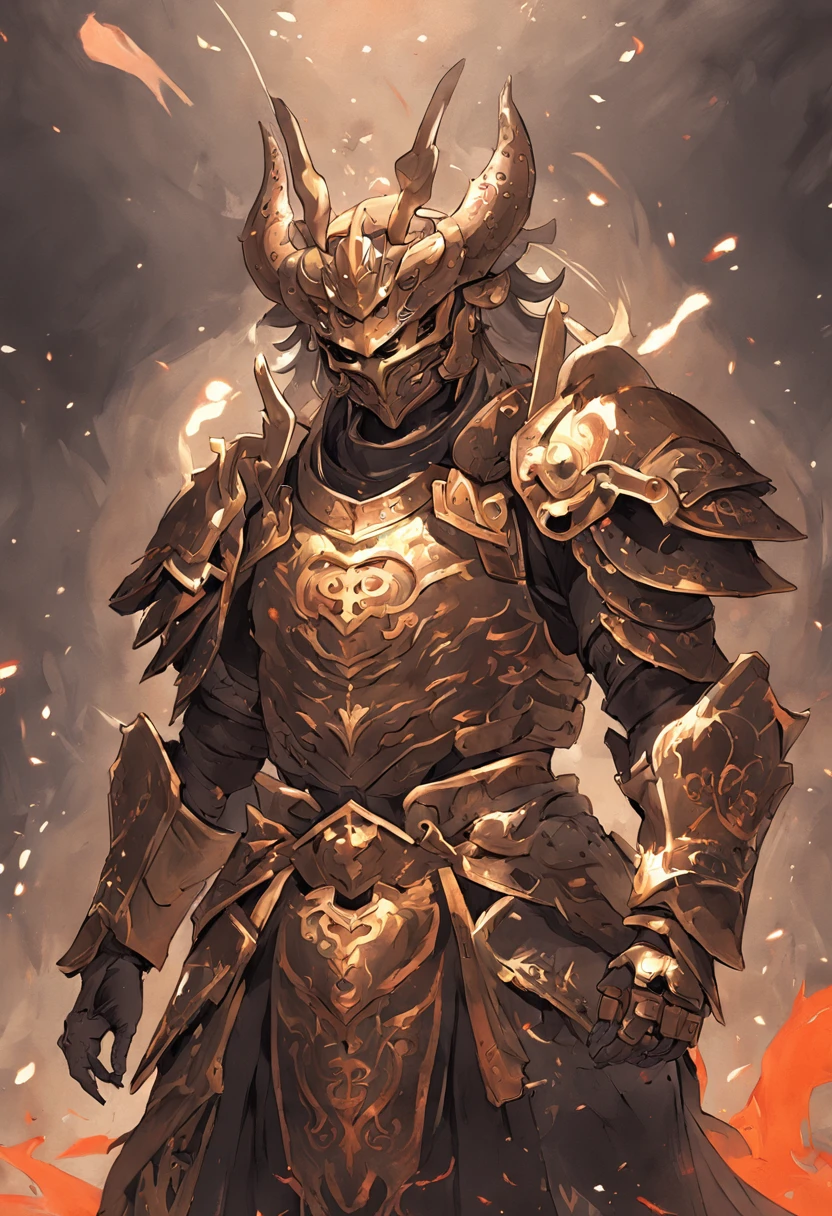 Warrior, concept art, by Kishi Ganku, fantasy art, zen temple background, clean render, a horned, wearing a suit of armour, detailed bushido form smoke, helmet of a forgotten deity, character is standing, 8k realistic, in game render, detailed face background detail, art station front page, ox, pseudo - medieval fantasy, deity with koi armor, detailed bronze armor, bronze armor, golden etched armor, gold obsidian armor, light gold armor, ornate filigree armor, demon warrior, ornate armor covered in thorns, intricate assasin armor, intricate metal armour, formidable warrior, clad in an ornate golden armor adorned with intricate designs, helmet boasting a large crest and two horns, all set against a dark, smoky backdrop suggestive of a battle scene, lending an ominous aura to his persona