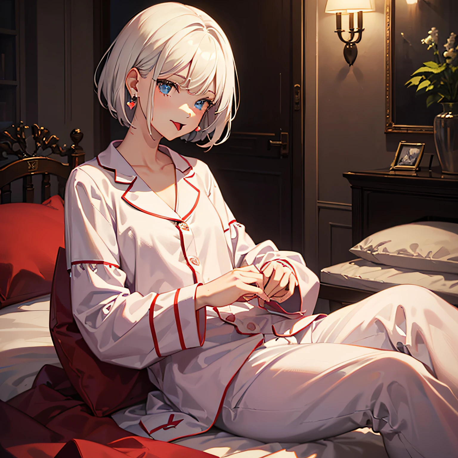 (((Masterpiece)))), (((Best quality))), A high resolution, On the thighs, The woman lay down, Sleeping, (cute one-girl))), Solo, White skin, small, eight-headed, (White hair), ((Short hair)), (straight bangs)), Beautiful hair, Blue eyes, beautiful eyes in detail, (((Tongue stock)), Red face, Heart, pyjamas, Ruffles, Earrings, Indoors, Bed, (Night), shaded lighting,