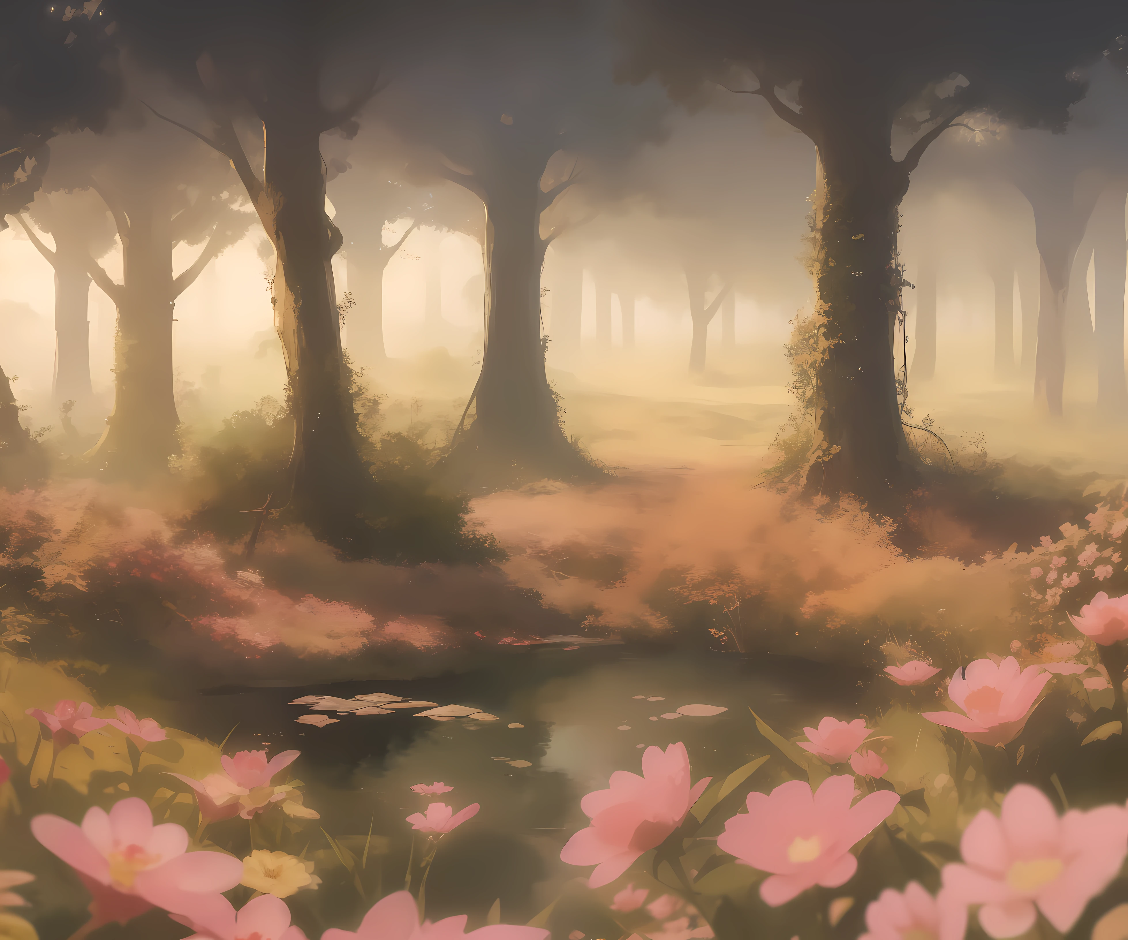 Stand atop a serene hill, where reality and fantasy merge. Lush greenery cascades like waterfalls, wildflowers paint a tapestry of colors, and ancient trees form a natural sanctuary. Amidst the surreal beauty, a gentle breeze carries hints of floral fragrances. Describe this enchanting scene where the ordinary blurs with the extraordinary, depth of field, chromatic aberration, sparkle, reflection light, ray tracing, glowing light, bloom, Conceptual art, Cubist Futurism, masterpiece, retina, ccurate, super detail, high quality, best quality, 4K, HD, highres, high details
