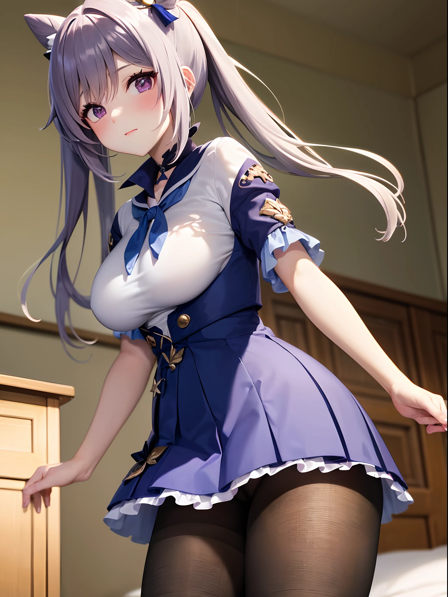 (One lady)、(masterpiece)、(best qualtiy)、(ultra-detailliert)、(a high chroma)、(CG Illustration)、((low angles))、18 year old beautiful schoolgirl、Delicate beautiful face、(red blush)、(A dark-haired)、(dishevled hair)、(Anime-style eyes)、((White plain clothes))、See-through clothes:1.3、((Thick black tights))、(Dark blue pleated skirt)、(teats)、B cup breasts、((turned around))、The best lighting、Bedroom