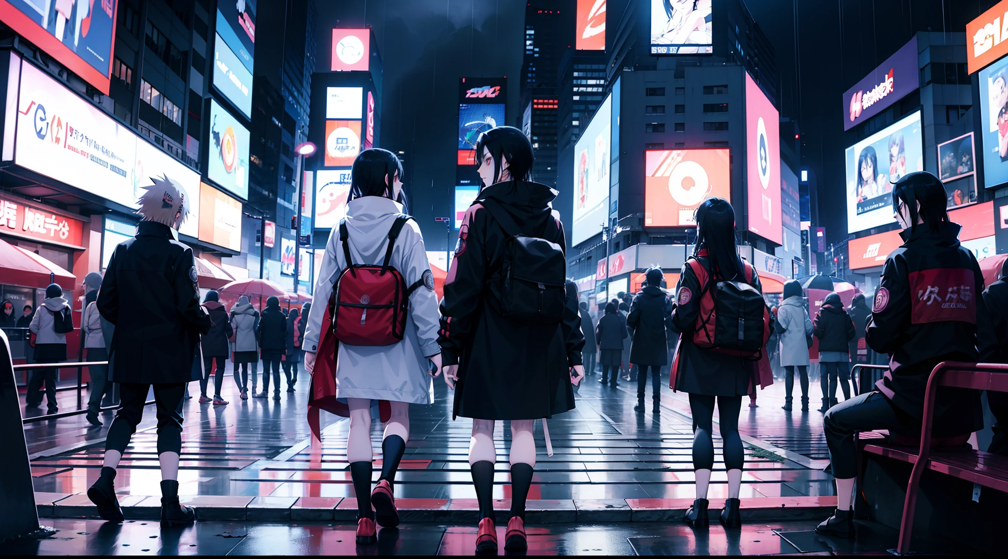 Naruto Uchiha Itachi Neon Lights Tall buildings around you Back to Times Square Surrounded by bus stops, subway stations, crowds, rainy days