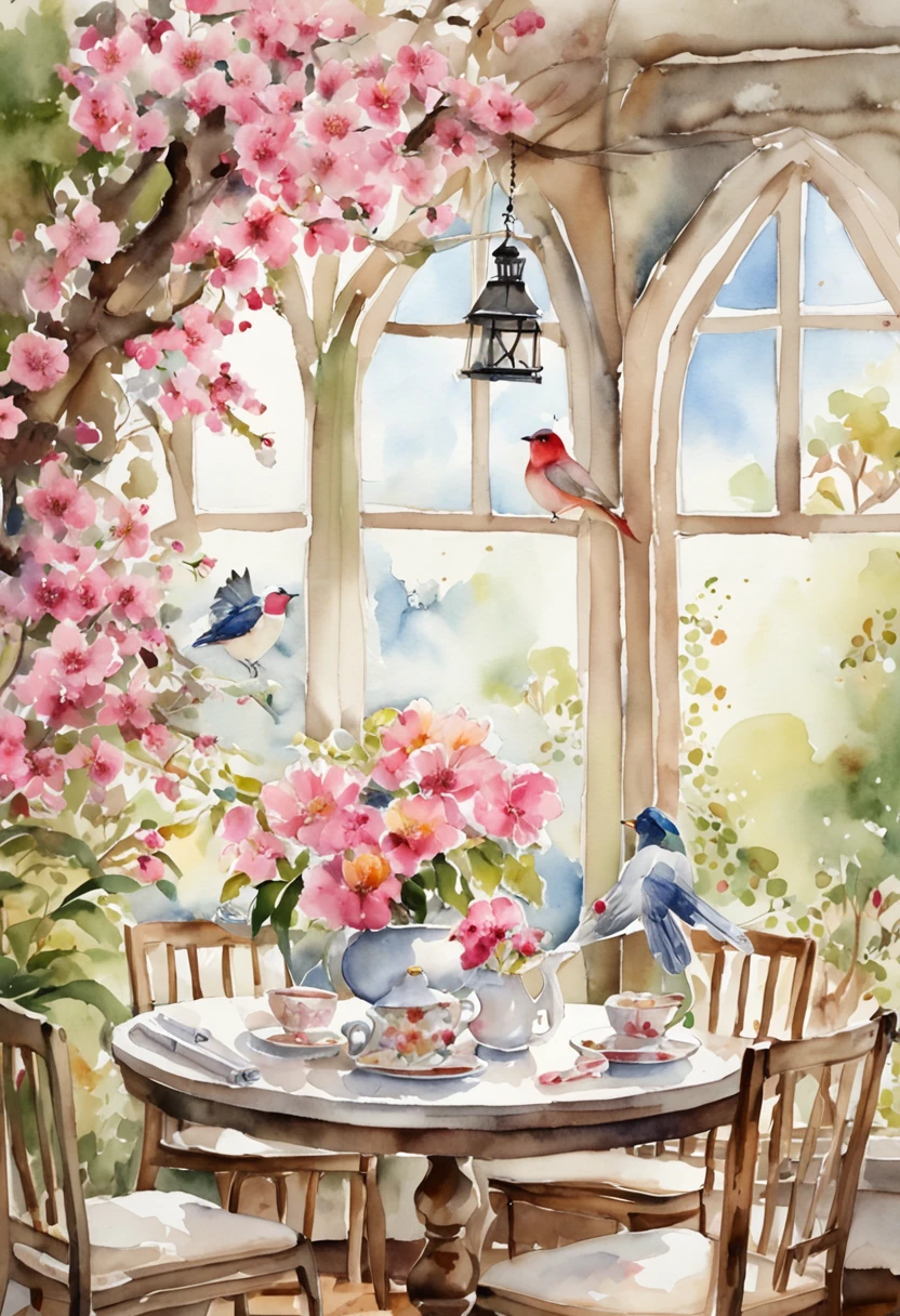Flower garden style dining room decorated in pink and white, Photorealistic,There is a woman drinking tea,Pull image,Birds are flying