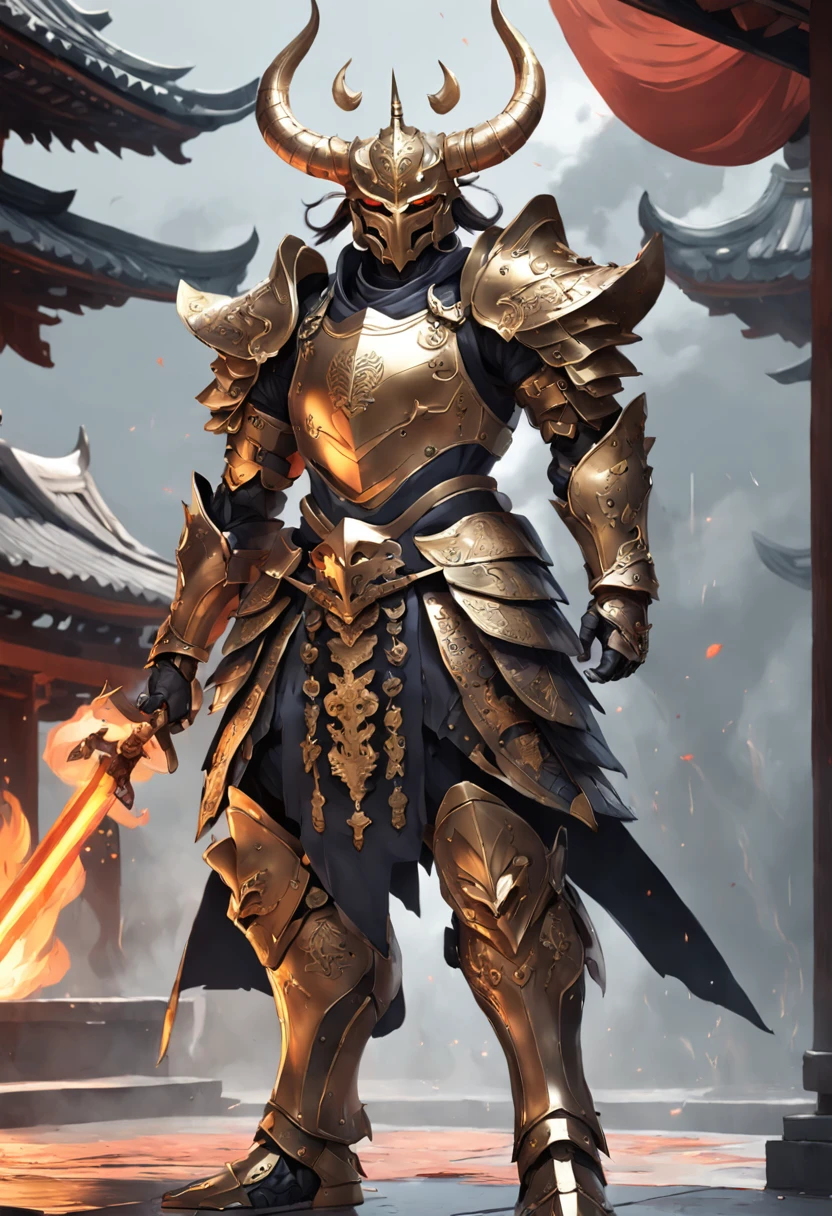 Warrior, concept art, by Kishi Ganku, fantasy art, zen temple background, clean render, a horned, wearing a suit of armour, detailed bushido form smoke, helmet of a forgotten deity, character is standing, 8k realistic, in game render, detailed face background detail, art station front page, ox, pseudo - medieval fantasy, deity with koi armor, detailed bronze armor, bronze armor, golden etched armor, gold obsidian armor, light gold armor, ornate filigree armor, demon warrior, ornate armor covered in thorns, intricate assasin armor, intricate metal armour, formidable warrior, clad in an ornate golden armor adorned with intricate designs, helmet boasting a large crest and two horns, all set against a dark, smoky backdrop suggestive of a battle scene, lending an ominous aura to his persona
