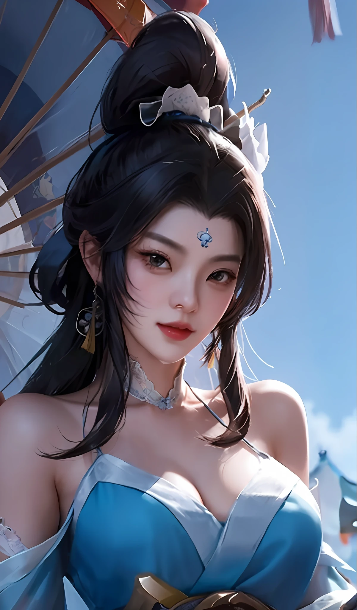 a woman in a blue dress holding a fan and a umbrella, by Fan Qi, trending on cgstation, extremely detailed artgerm, by Yang J, ruan jia and artgerm, irelia, ig model | artgerm, bian lian, fanart best artstation, inspired by Lan Ying, ! dream artgerm, yun ling