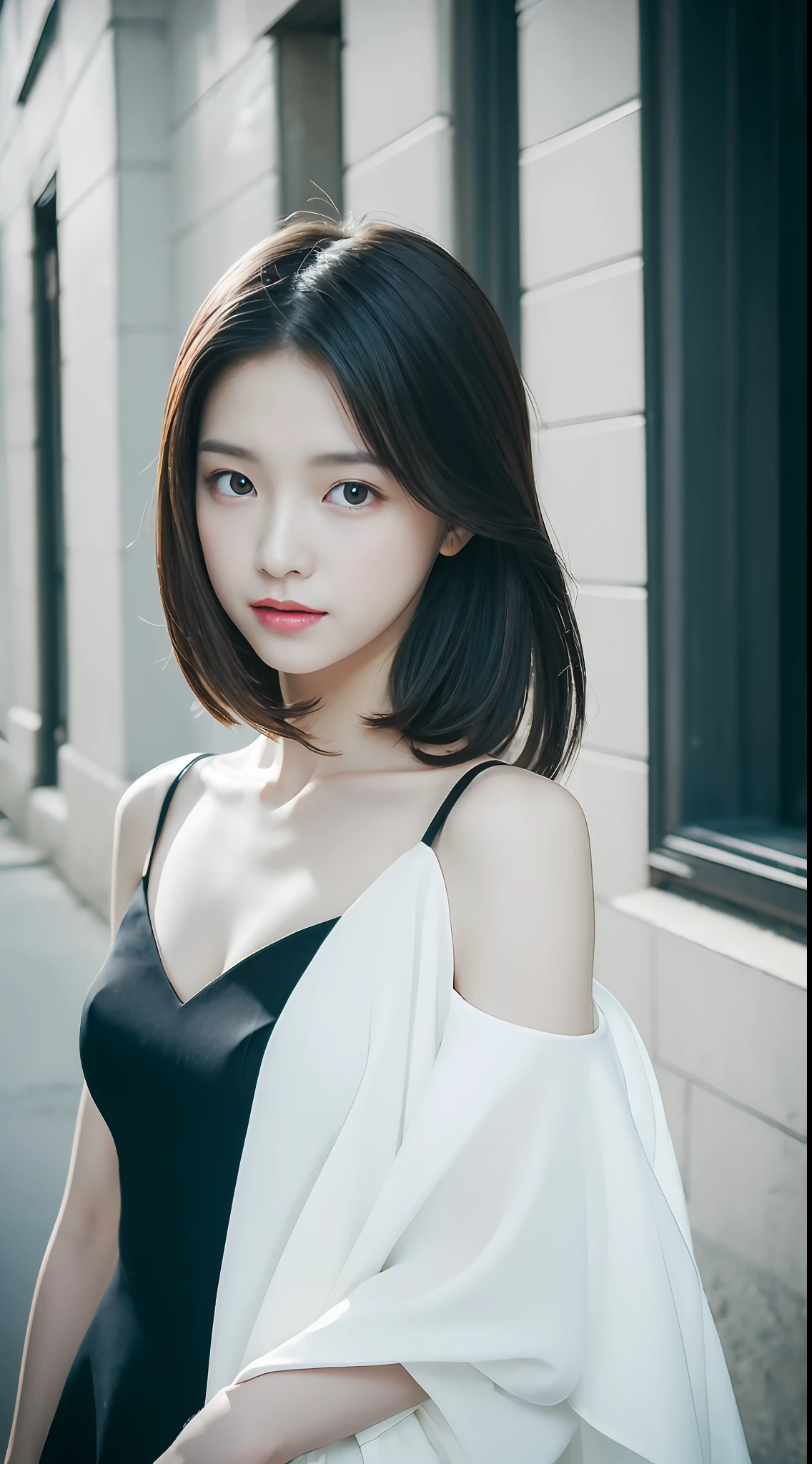 8k, Ultra-high resolution, Highest quality, masterpiece, 三分割法によるphotograph,Surreal, photograph, 1 Girl, (16 years old:1.3), pretty girl, Cute Face, Beautiful eyes in every detail, 細かくdetailedに,masterpiece,One Girl:1.2, Japan Female Announcer,extream close up,sad,streaming tears,Long black hair,Short Hair,Messy hair,(black suit:1.3),mourning clothes,(印象派の美しい少女のPortraiture), (Gray background:1.3),(Impressionist light and colour),Realistic Skin, Perfect and beautiful face ,完璧でCute Face, Skin with attention to detail, Perfect limbs、Narrow waist,Looking at the audience、beauty,Long neck,clavicle,(((Ideal body type))),A cup small breasts :2,Portraiture:2,Perfect Anatomy,鮮明なdetailed,detailed,Surreal,Light and shadow,spotlight
