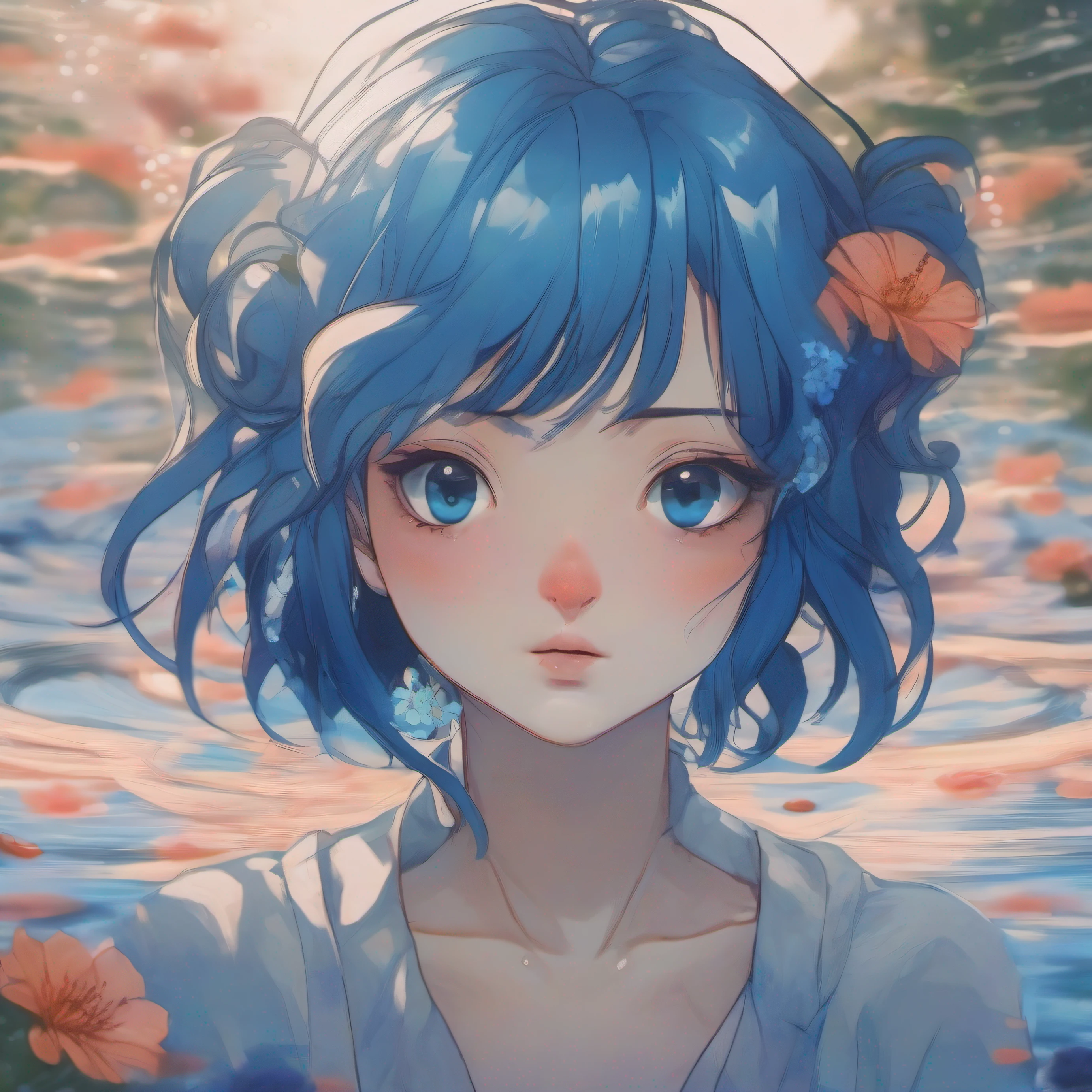 A close up portrait in traditional hand-drawn Japanese anime style of a girl with dark blue hair facing the camera, her face submerged up to nose level in clean, still, glowing neon blue water, eyes closed peacefully, small delicate blue flowers decorating her hair. As her eyes open, they reveal bright, vivid blue anime eyes making direct intense eye contact with the viewer, the water rippling around her nose and cheeks. Overall mood is serene yet dramatic, with bold anime lighting and shading. Realized as a digital painting with crisp outlines, exaggerated cel shading, and detailed textures true to high-quality anime style