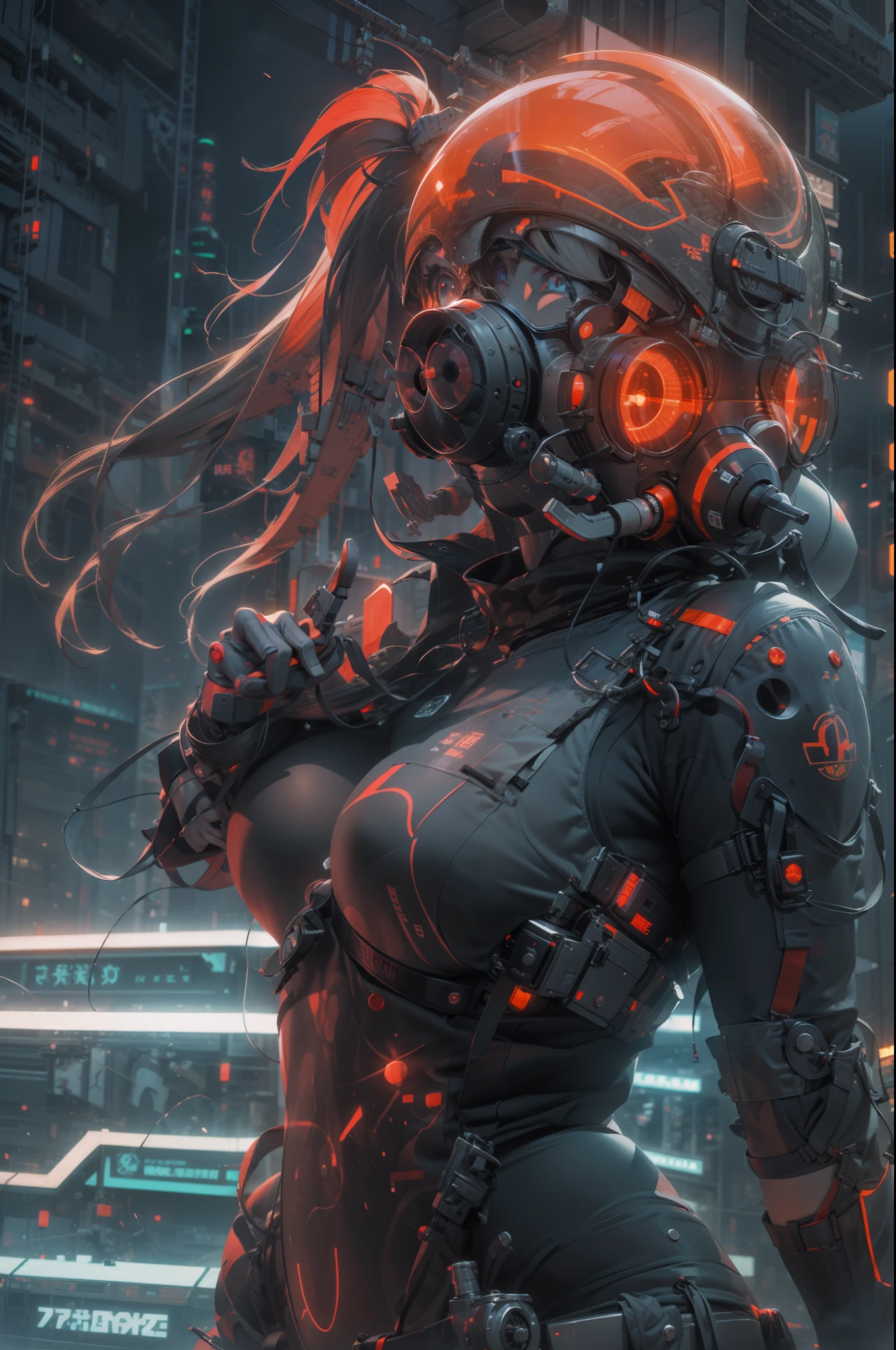 Muscular special forces girl，eyes glowing, pony-tail hair, Gas masks, Wearing black special forces equipment, Gun in hand, full bodyesbian, Shoot at knee level, Cyberpunk, neonlight, Futuristic, surrealist, Red, 。.。.3D, Redshift, Maxon Cinema 4D, Quaixel Megascan rendering, Doomsday colors, Red light, Futuristic, 1/3, High detail, Ultra high quality, illusory engine, 8K,
