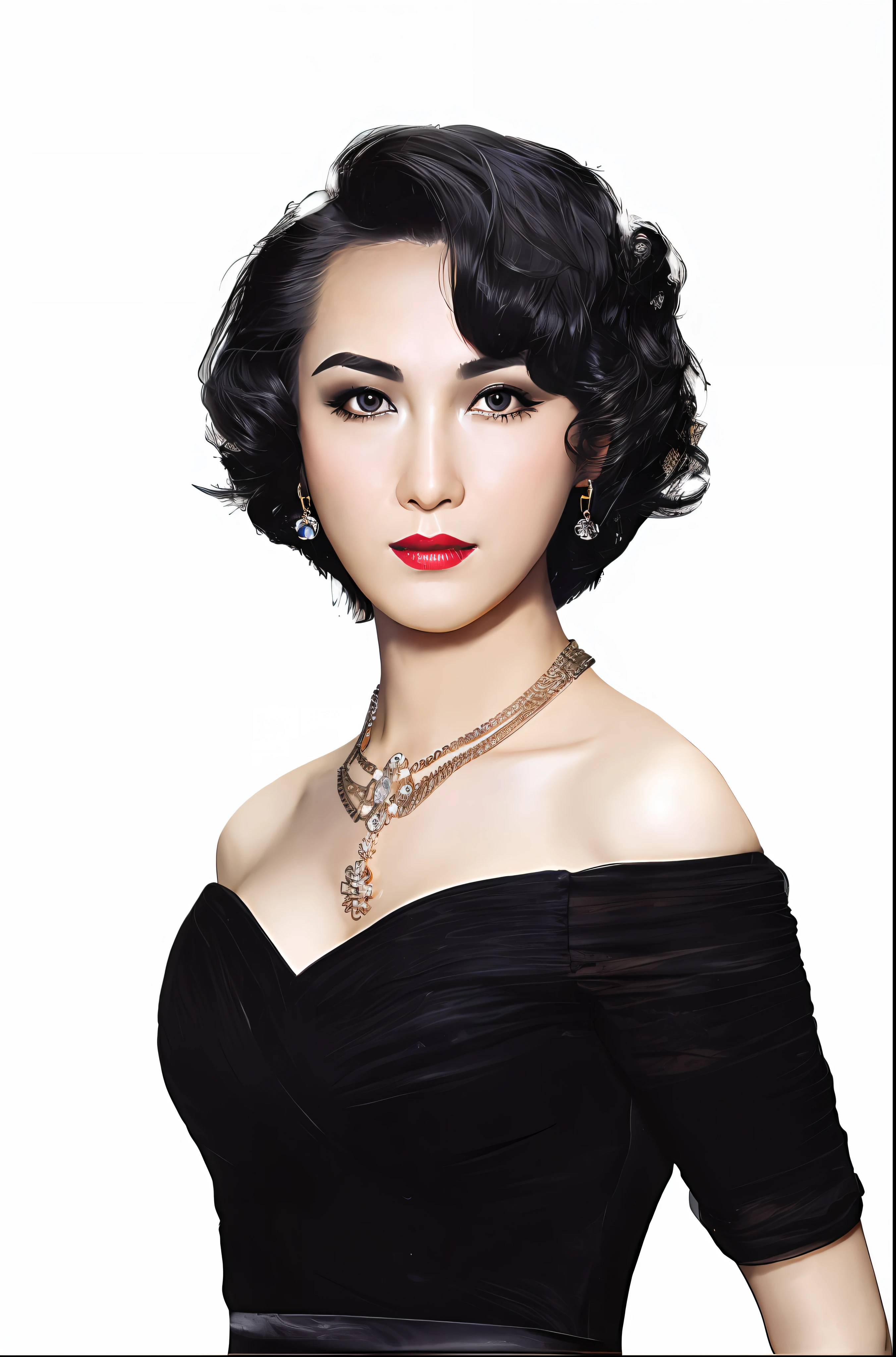 there is a woman in a black dress posing for a picture, Zhang Jingna, Portrait of Ana de la Regra, ruan jia beautiful!, Lu Ji, kimi vera, up face with 1 9 2 0 s hairstyle, Fan Bingbing, Hana Alyssa Omar, author:Arthur Penn, poster shot, inspired by Yao Tingmei, gorgeous beautiful woman