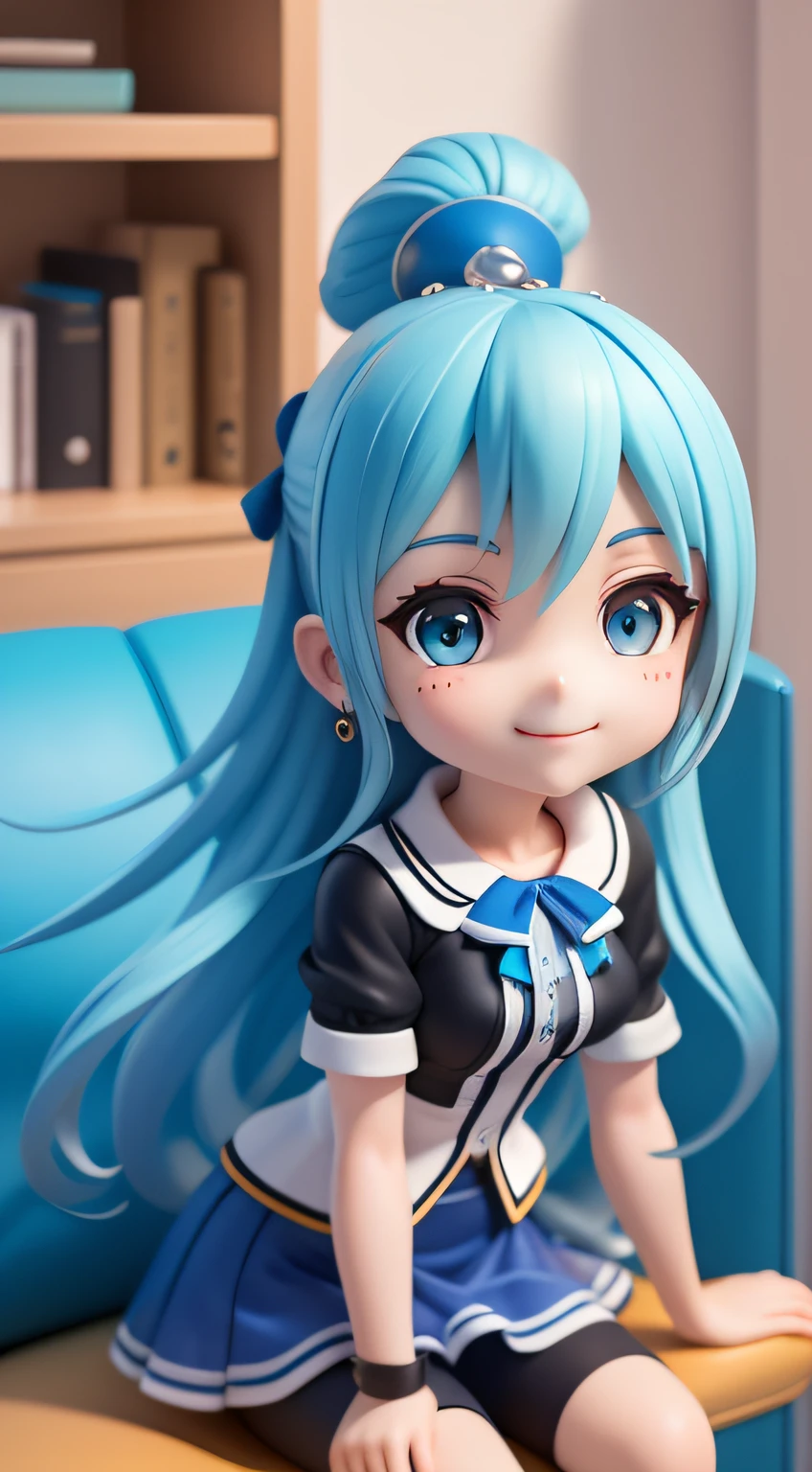 (Masterpiece),(Best quality),(Ultra-detailed), (full bodyesbian: 1.2), 1girll(Aqua_konosuba), Big avatar，tchibi,Cute, Smile, light blue long hair, Blue eyes, earring, Blue shirt, Blue skirt, Lace socks, (Sit on a red sofa), Seductive posture, Smile, In front of the sofa is an elegant black coffee table，There are some decorations on the shelves,  (Beautiful and detailed face), (Beautiful detailed eyes),