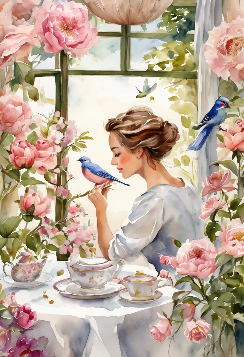 Flower garden style dining room decorated in pink and white, Photorealistic,There is a woman drinking tea,Pull image,Birds are flying