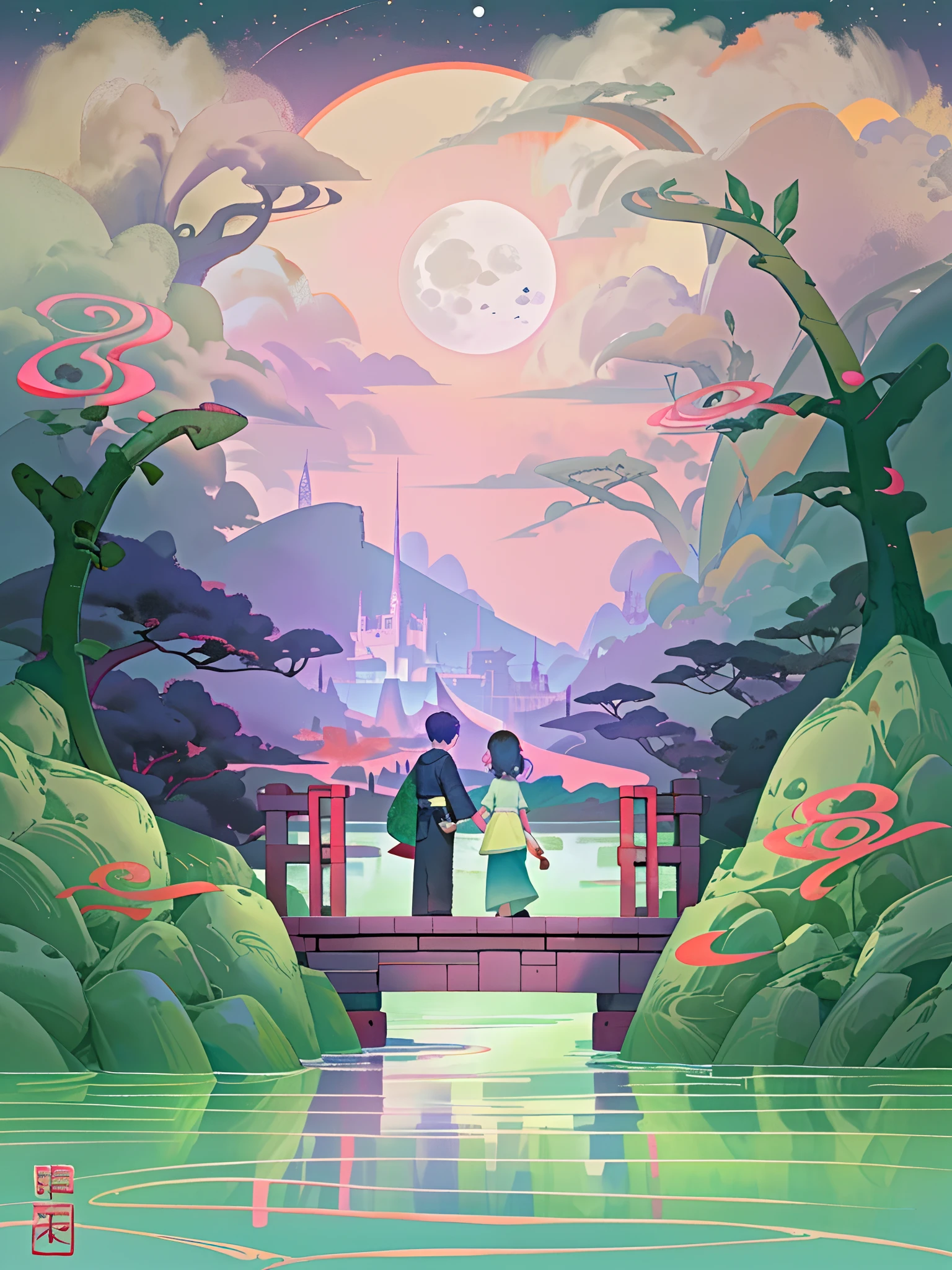 A boy and a girl meet on a bridge,Tanabata poster design pattern,Pink tones,Blue-purple,dreamy scenes,a warm color palette,Cloud arch bridge,the huge moon,fire works,starrysky,Magpie triangle composition,detail-rich,down view,Long shots,Chinese traditional painting,Jade,mountain water,auspicious,Pale color background,Best quality,pastels,softlighting,4K,A plant