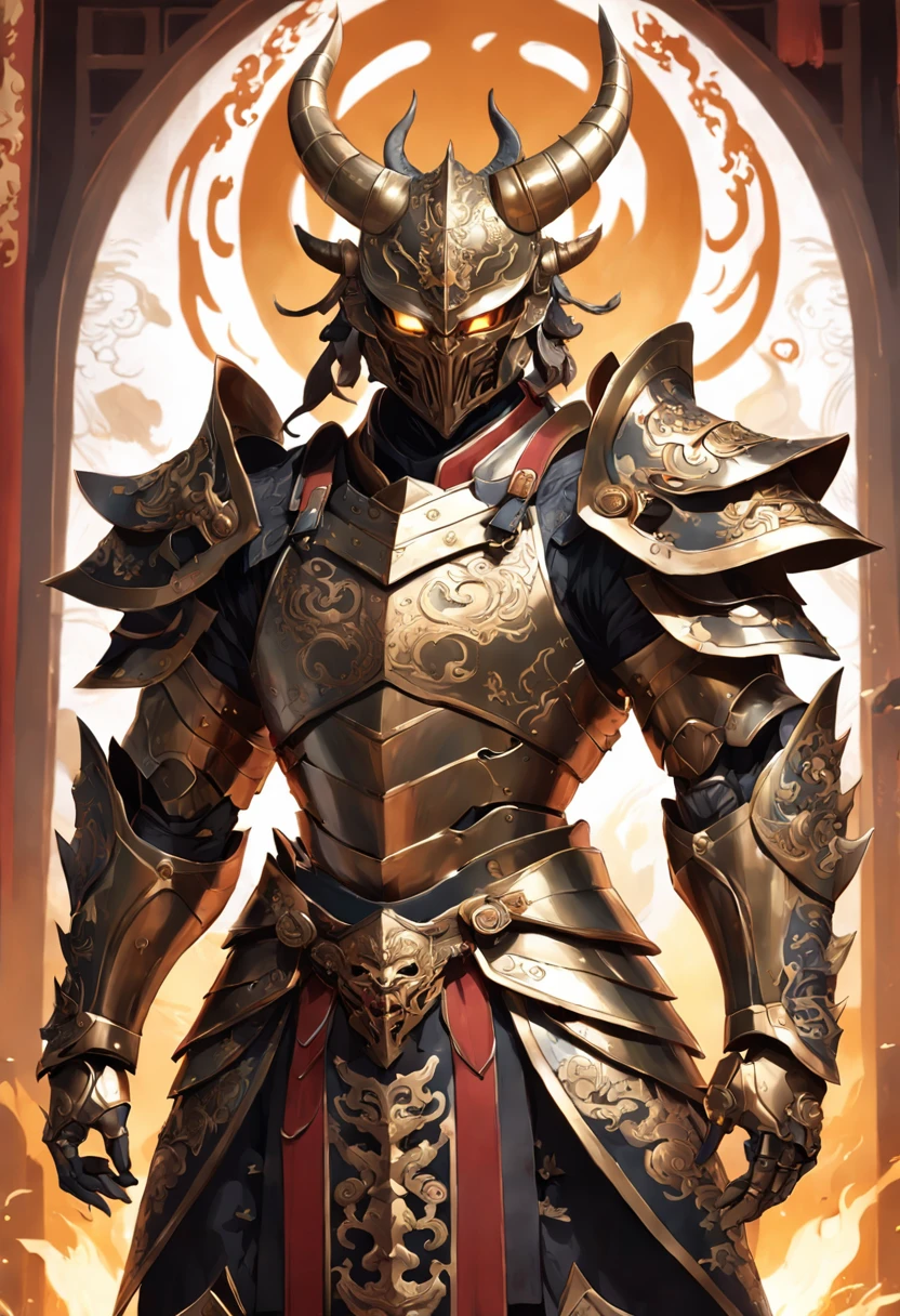 Warrior, concept art, by Kishi Ganku, fantasy art, zen temple background, clean render, a horned, wearing a suit of armour, detailed bushido form smoke, helmet of a forgotten deity, character is standing, 8k realistic, in game render, detailed face background detail, art station front page, ox, pseudo - medieval fantasy, deity with koi armor, detailed bronze armor, bronze armor, golden etched armor, gold obsidian armor, light gold armor, ornate filigree armor, demon warrior, ornate armor covered in thorns, intricate assasin armor, intricate metal armour, formidable warrior, clad in an ornate golden armor adorned with intricate designs, helmet boasting a large crest and two horns, all set against a dark, smoky backdrop suggestive of a battle scene, lending an ominous aura to his persona