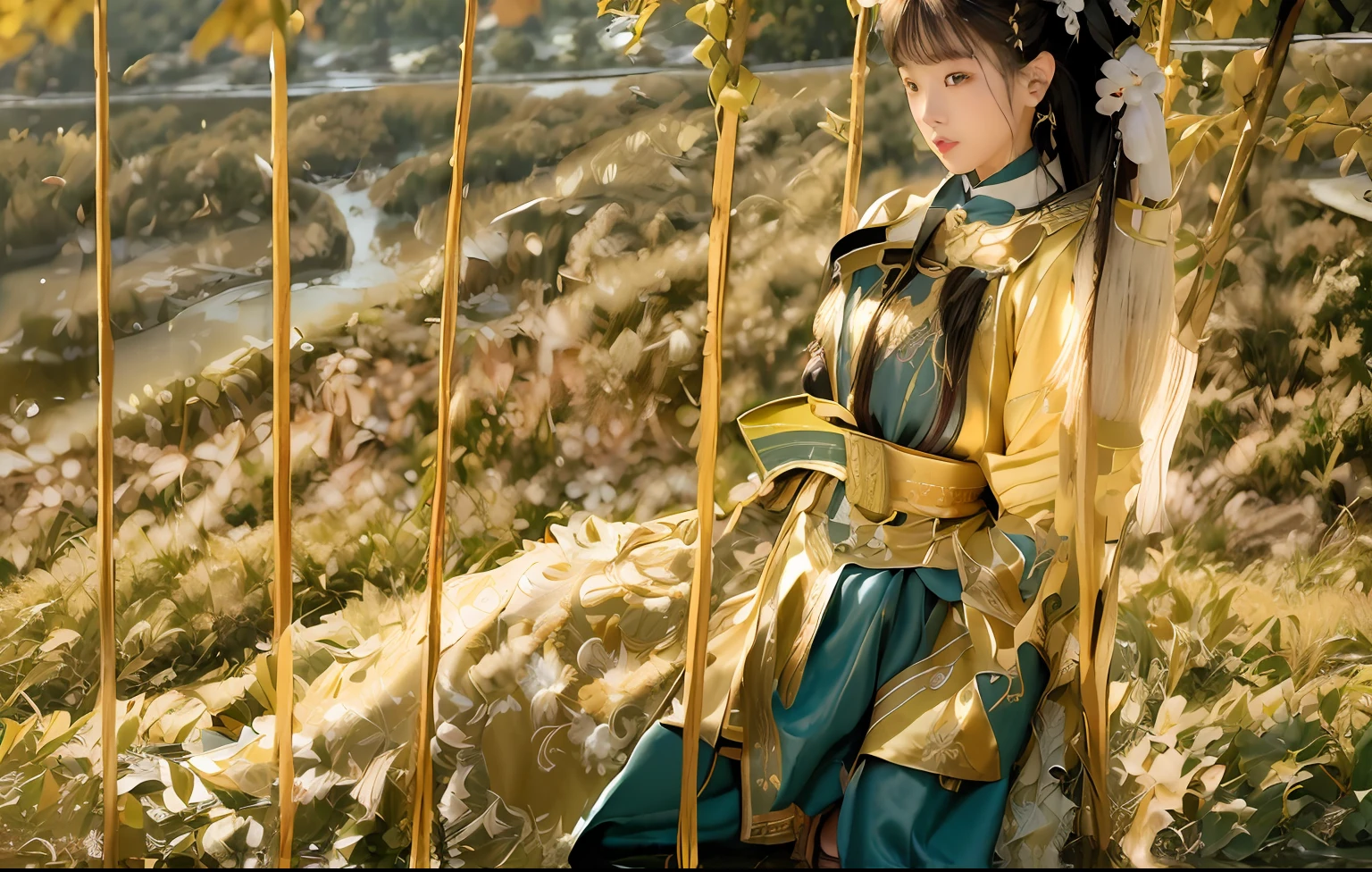 (8k, best quality, masterpiece:1.2), (realistic, photo-realistic), (1girl), solo, detailed golden eyes, long hair, sitting, close to viewer, (Hanfu, ming, ming Dynasty, ming clothing: 1.4), light smile, (arms behind back), water, sunny, (Sakura bloom), snow mountain lake in the background,