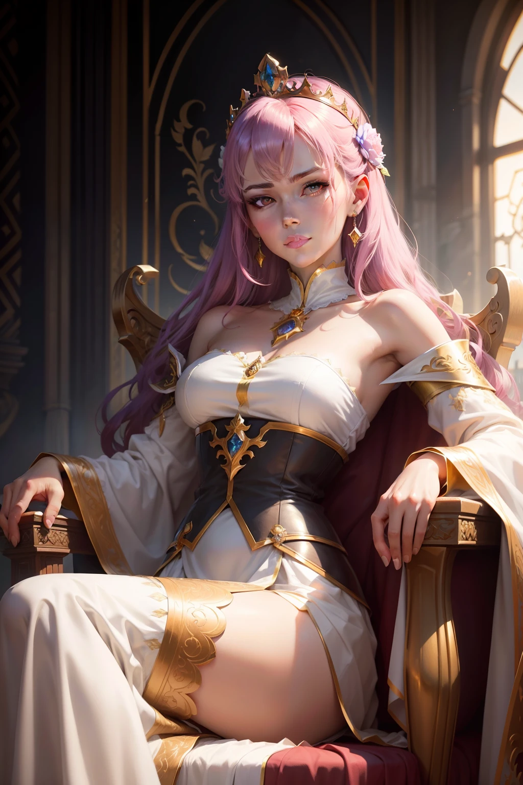 ((Saori kidoh from saint seiya animated series)) ((beautiful face)) (red lips) ((very long light purple straight hairstyle with bangs)) ((very huge breasts) (perfect slim body) ((wears strapless white long dress)) ((choker, tiara, gloves, gold corset armor)) ((posing sexy inside greek temple))((sit on throne))) (high definition, dynamic lights and shadows) ((masterpiece)) (8k) (perfect face) (best quality) (perfect hands)