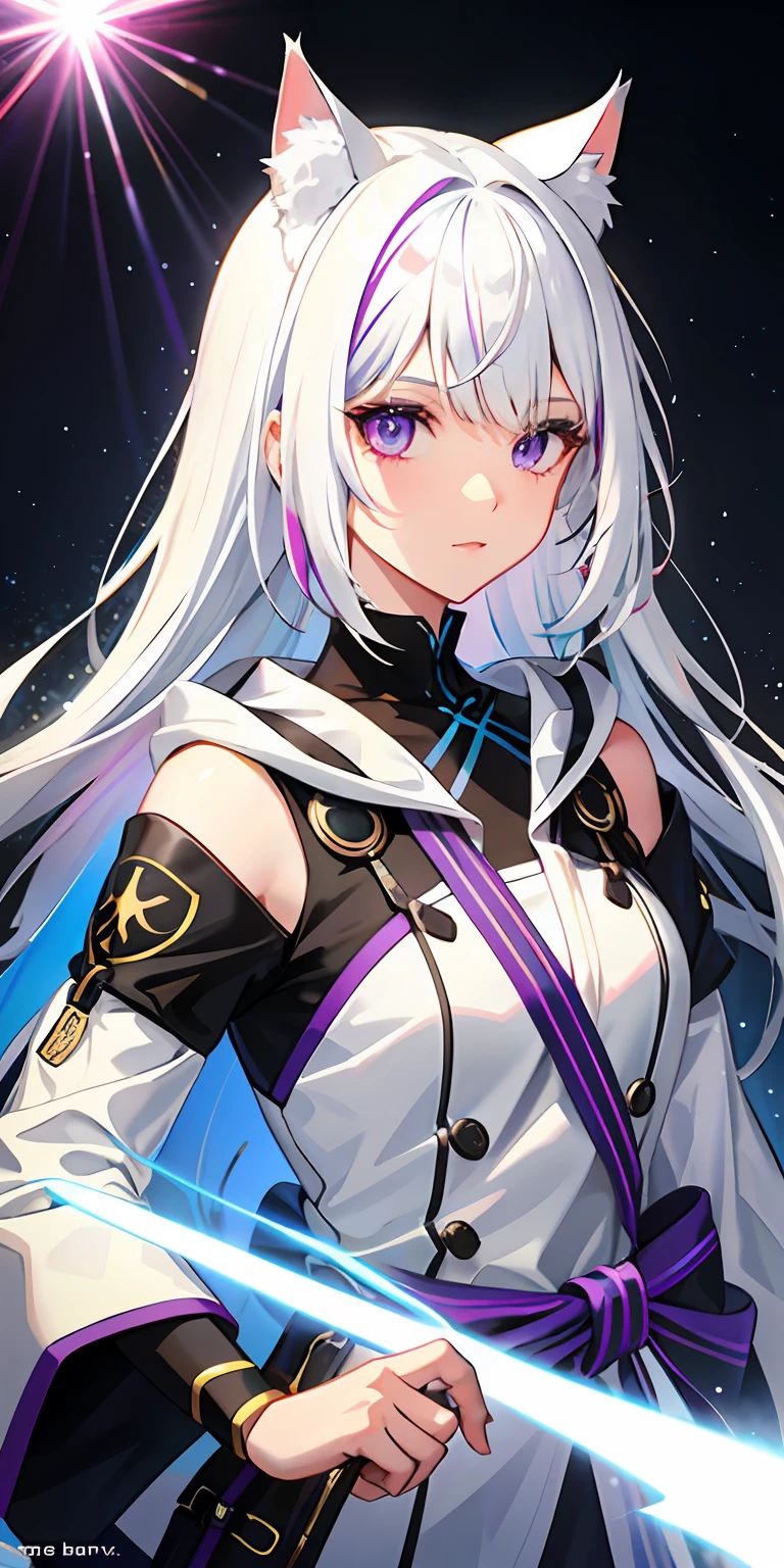 1girl in, White hair, multicolored hair, Purple eyes, mask on head, side lights, light Particle, cat ear,
