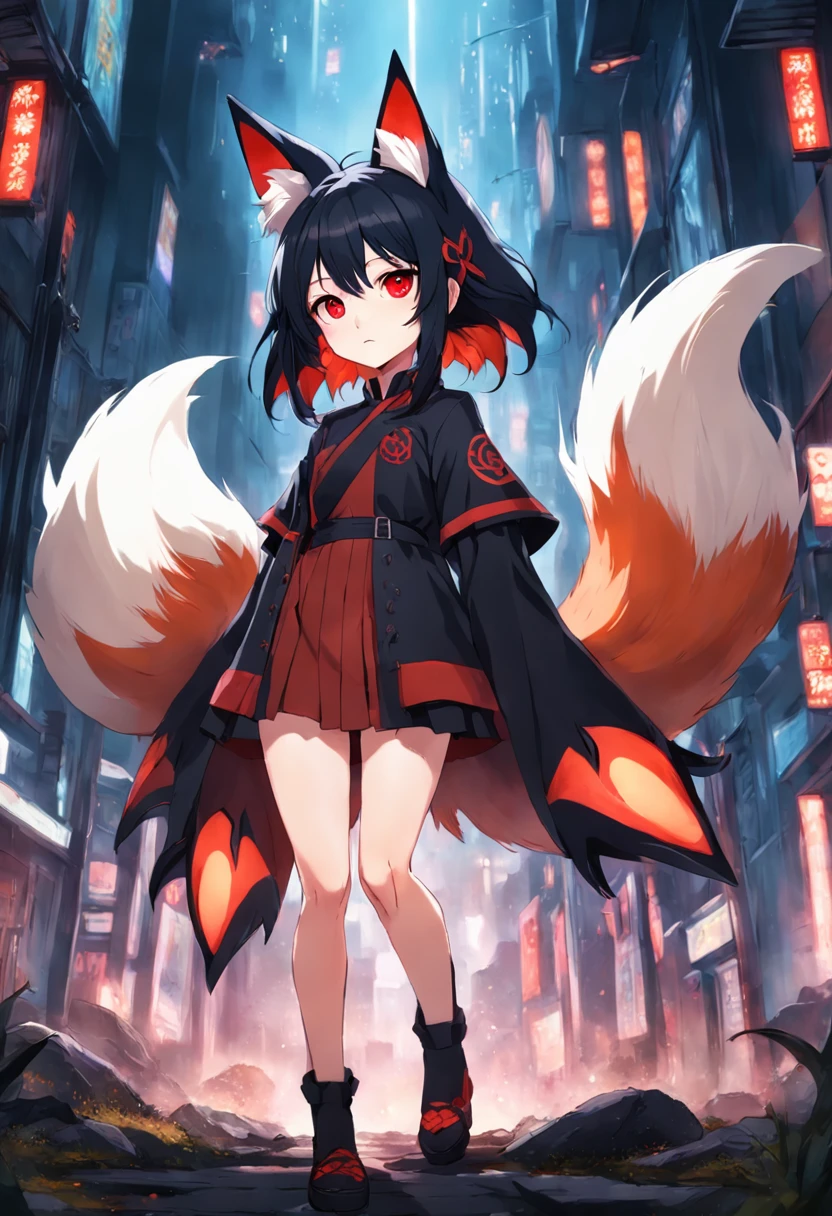 "(short girl with fox ears and 8 tails, with red eyes and black hair)"