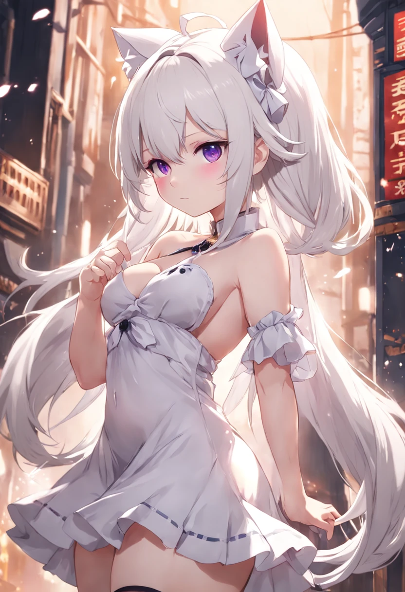Stylistic image of a woman with white hair and cat ears, white-haired god, Perfect white haired girl, from girls frontline, Best anime 4k konachan wallpaper, cute anime waifu in a nice dress, white haired Cangcang, loli in dress, seductive anime girls, small curvaceous loli, trending on artstation pixiv, azur lane style