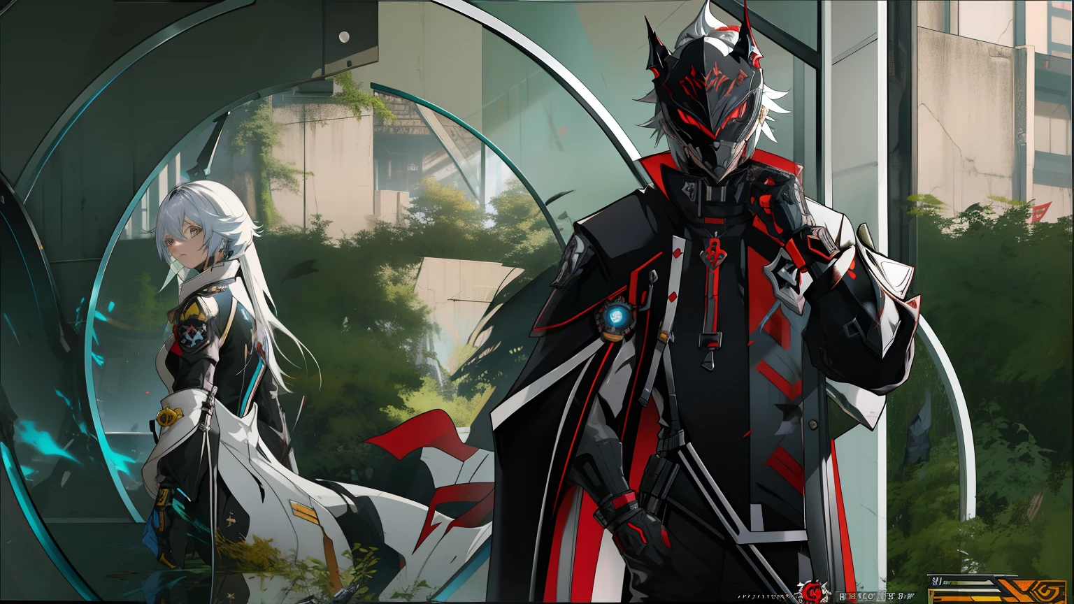 anime characters in a futuristic setting with a mirror in the background, guilty gear strive graphics, from arknights, today's featured anime still, genshin impact style, video game screenshot>, video game genshin impact, arknights, code vein, phantasy star online, genshin impact character, black fire color reflected armor, protagonist in foreground, facing front, mech wolf mask.