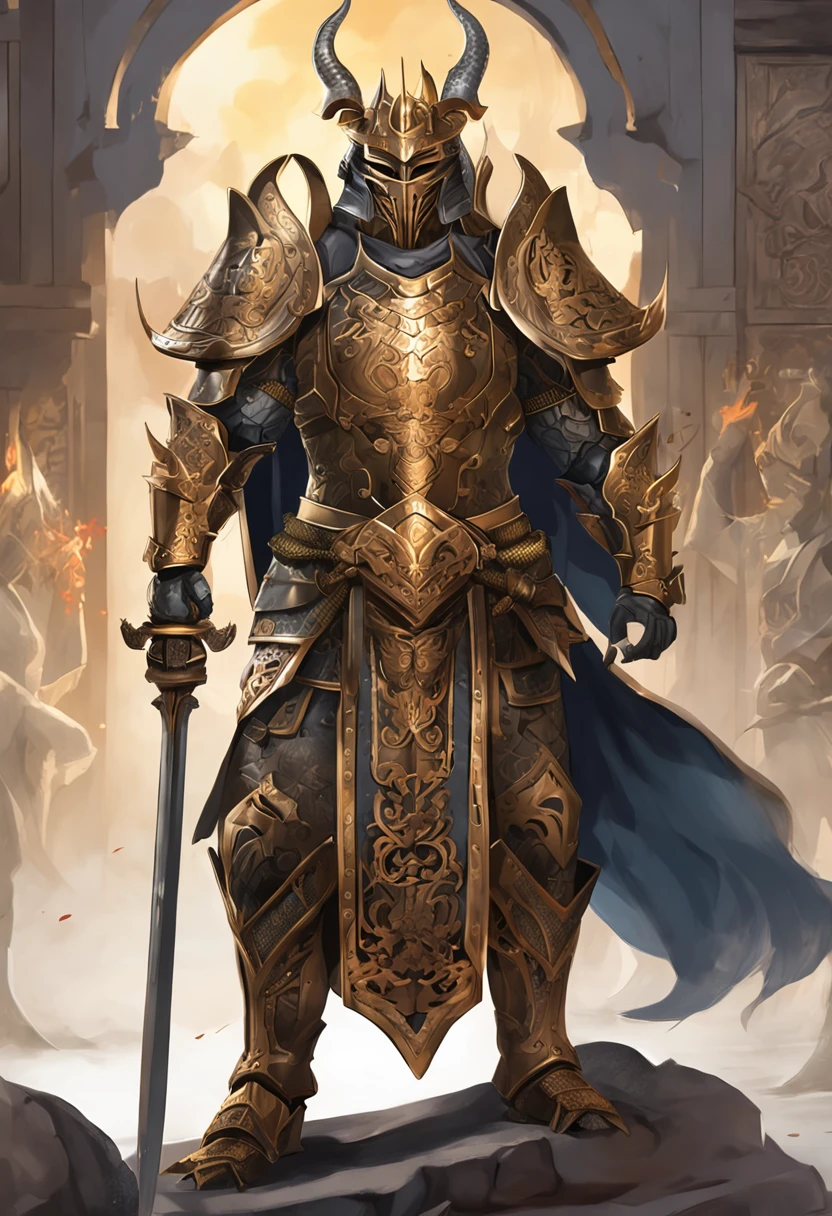 Warrior, concept art, by Kishi Ganku, fantasy art, zen temple background, clean render, a horned, wearing a suit of armour, detailed bushido form smoke, helmet of a forgotten deity, character is standing, 8k realistic, in game render, detailed face background detail, art station front page, ox, pseudo - medieval fantasy, deity with koi armor, detailed bronze armor, bronze armor, golden etched armor, gold obsidian armor, light gold armor, ornate filigree armor, demon warrior, ornate armor covered in thorns, intricate assasin armor, intricate metal armour, formidable warrior, clad in an ornate golden armor adorned with intricate designs, helmet boasting a large crest and two horns, all set against a dark, smoky backdrop suggestive of a battle scene, lending an ominous aura to his persona