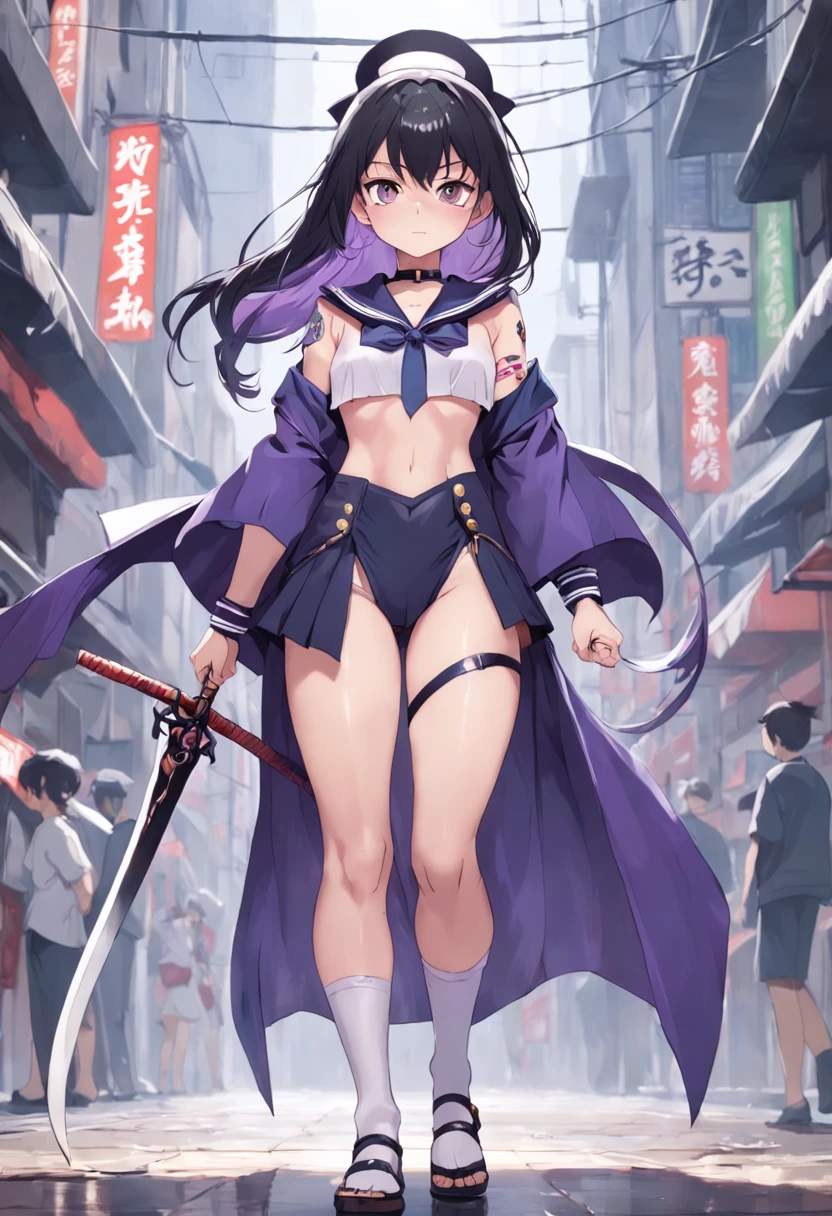 Embora pequeno e tem uma figura perfeita,、Warrior with small breasts holding a huge scythe behind her hand, Japan set of sailor suits followed by wearing capes、The main color is matte black、The second color is purple, It's not underwear underneath Japan's sailor suit, His Japanese sailor's costume was deduced、reduzido, Ela transpira、the body is very wet(circunstanciado), Ela tem uma tatuagem no corpo, She overcame it with a sexy, demonic aura., It is an original character drawn with the whole body, alta qualidade, Obras,16 mil, Anotomaticamente preciso e ultra-detalhado, Esta tem um par de olhos educacionais, Facial Emotion, rabo de cavalo alto, Virgem de 20 anos, She's walking under the moon and in the middle of the street