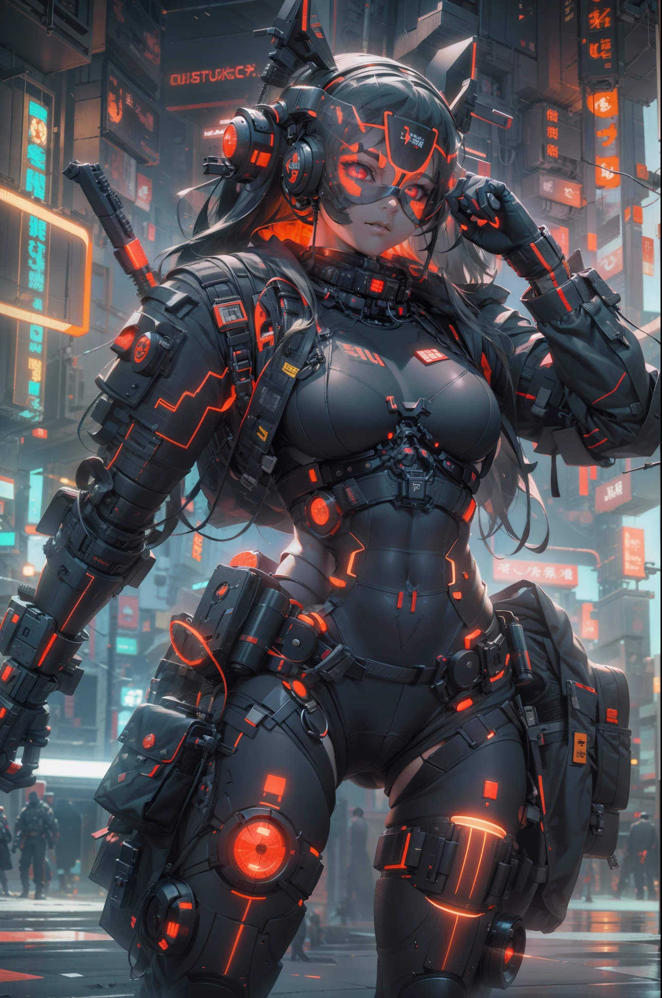 Muscular special forces girl，eyes glowing, pony-tail hair,  Wearing black special forces equipment, Gun in hand, full bodyesbian, Shoot at knee level, Cyberpunk, neonlight, Futuristic, surrealist, Red, 。.。.3D, Redshift, Maxon Cinema 4D, Quaixel Megascan rendering, Doomsday colors, Red light, Futuristic, 1/3, High detail, Ultra high quality, illusory engine, 8K,