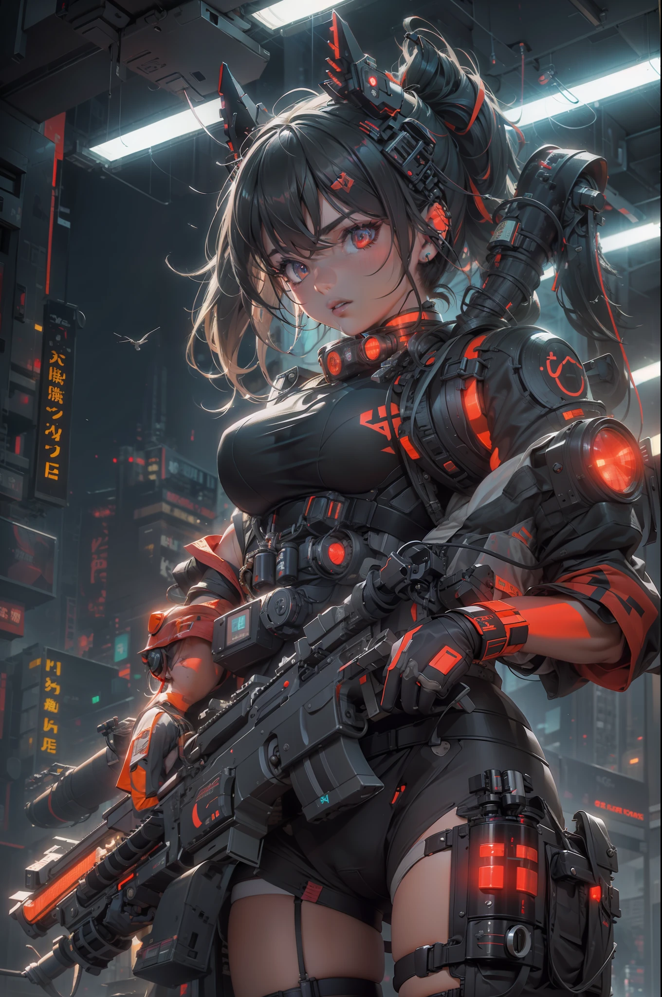 Muscular special forces girl，eyes glowing, pony-tail hair,  Wearing black special forces equipment, Gun in hand, full bodyesbian, Shoot at knee level, Cyberpunk, neonlight, Futuristic, surrealist, Red, 。.。.3D, Redshift, Maxon Cinema 4D, Quaixel Megascan rendering, Doomsday colors, Red light, Futuristic, 1/3, High detail, Ultra high quality, illusory engine, 8K,