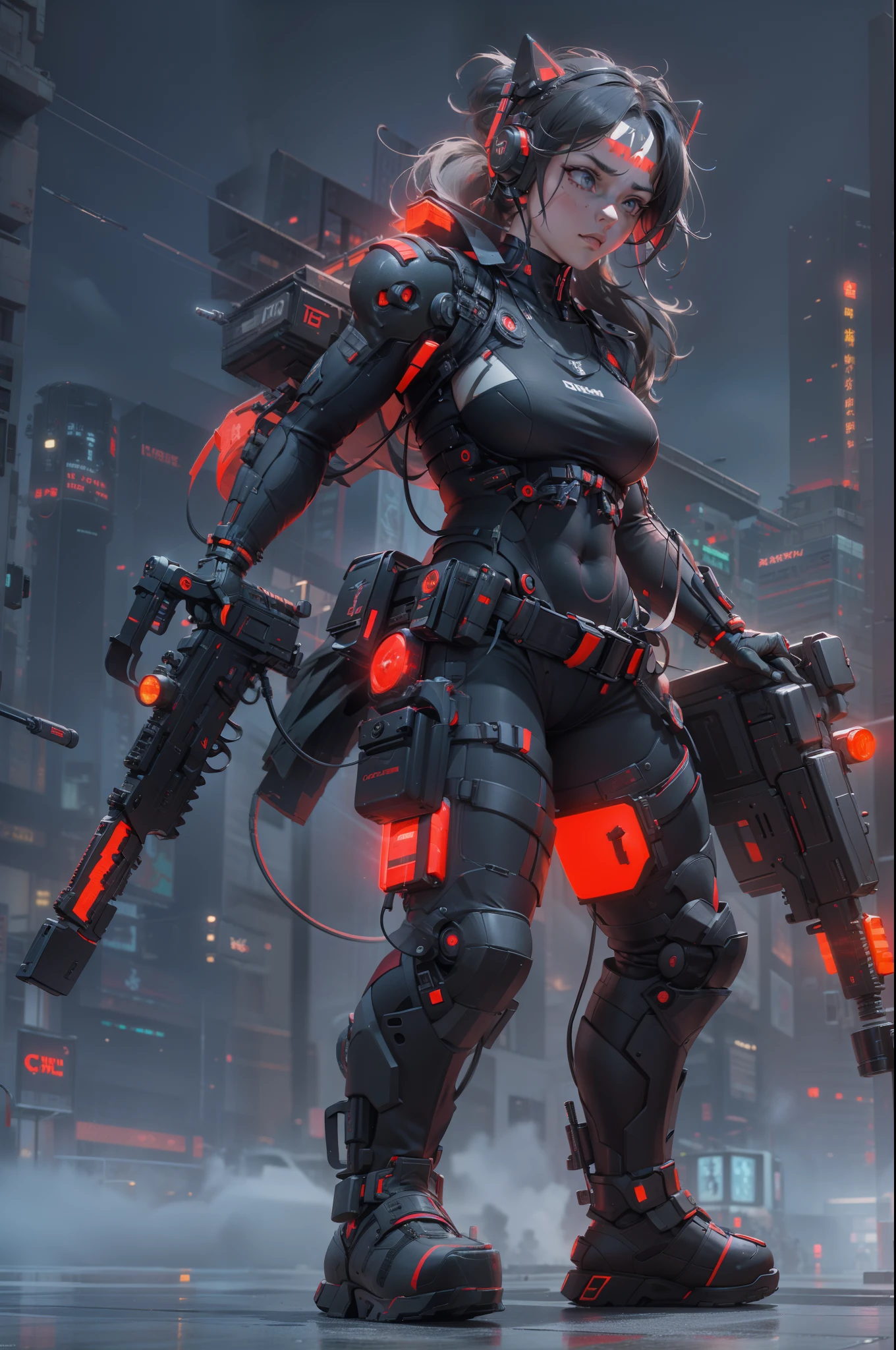 Muscular special forces girl，eyes glowing, pony-tail hair,  Wearing black special forces equipment, Gun in hand, full bodyesbian, Shoot at knee level, Cyberpunk, neonlight, Futuristic, surrealist, Red, 。.。.3D, Redshift, Maxon Cinema 4D, Quaixel Megascan rendering, Doomsday colors, Red light, Futuristic, 1/3, High detail, Ultra high quality, illusory engine, 8K,