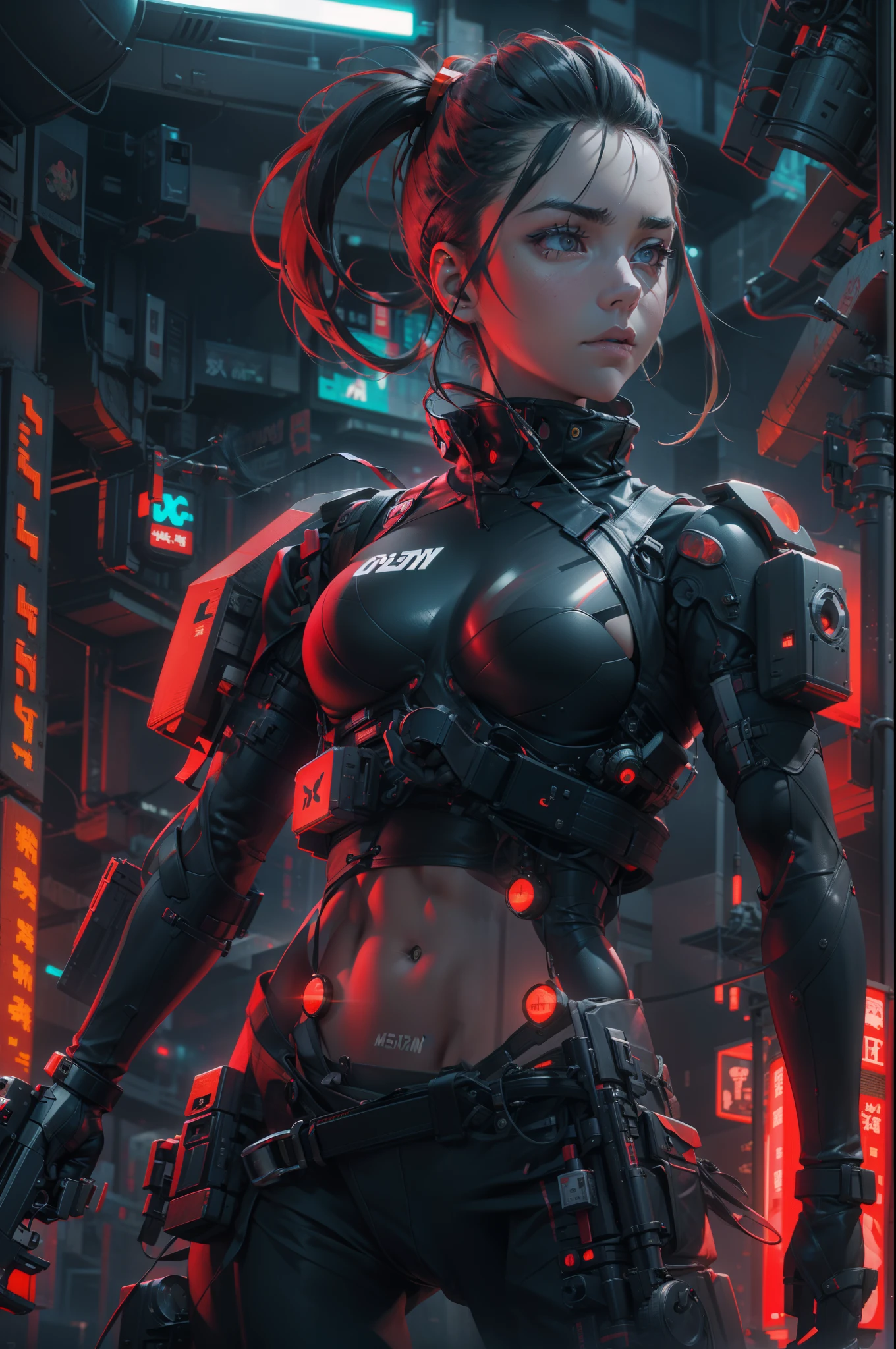 Muscular special forces girl，eyes glowing, pony-tail hair,  Wearing black special forces equipment, Gun in hand, full bodyesbian, Shoot at knee level, Cyberpunk, neonlight, Futuristic, surrealist, Red, 。.。.3D, Redshift, Maxon Cinema 4D, Quaixel Megascan rendering, Doomsday colors, Red light, Futuristic, 1/3, High detail, Ultra high quality, illusory engine, 8K,