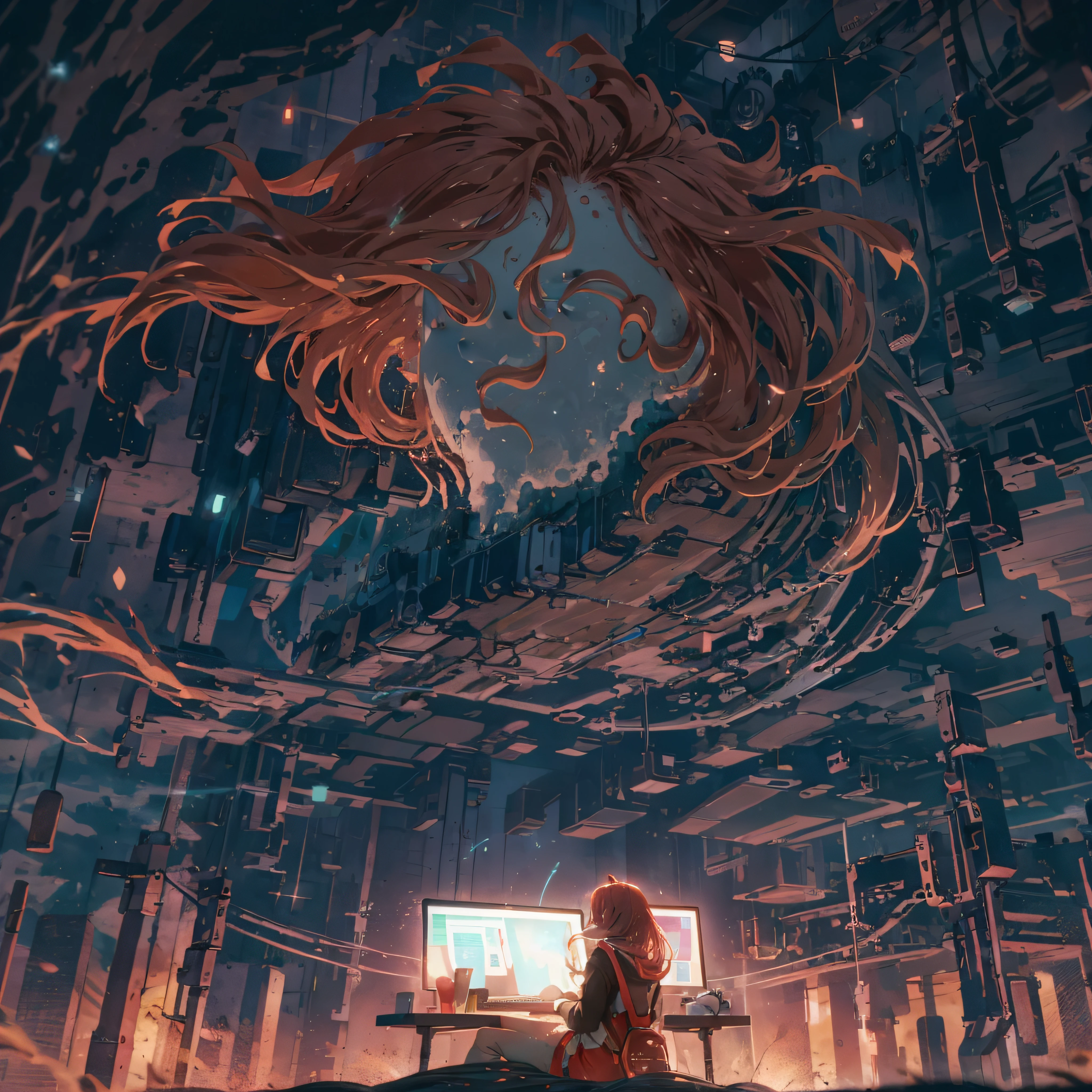 octans, sky, star (sky), scenery, time machine, gate, starry sky, night, 1girl, night sky, solo, outdoors, building, cloud, comets, milky way, sitting, tree, bring laptop, long red hair, white shirt, golden eyes, black panties, wet, sexy, cyber city, futures, silhouette, cityscape, amazing, power, aura.