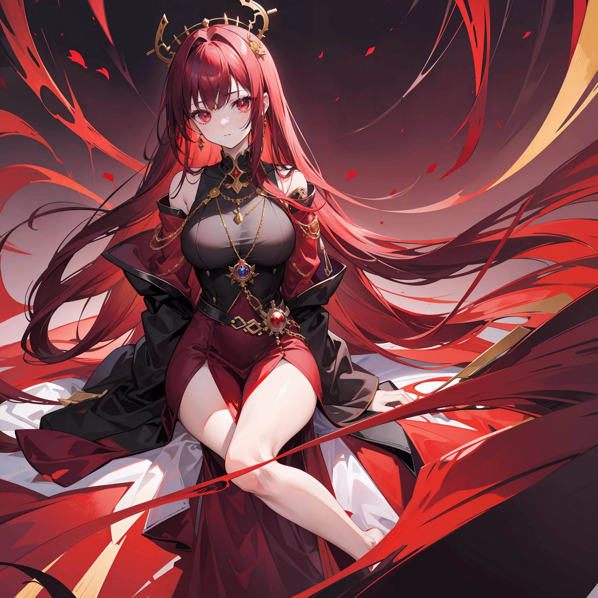 Red moon background,Relatively pale black-red hair and clothes,Black and reddish purple clothes,and gold jewelry,She is a very proud queen sister