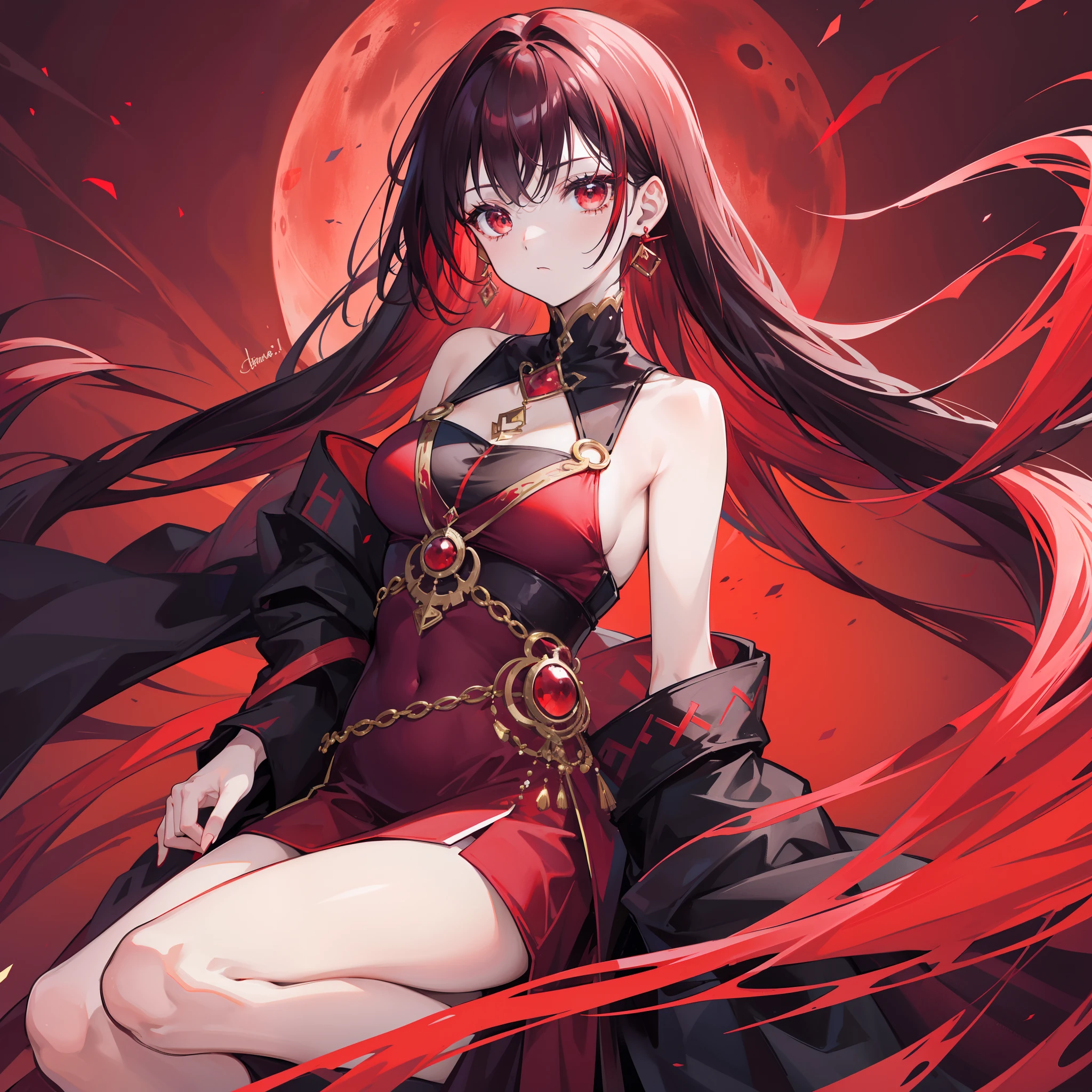 Red moon background,Relatively pale black-red hair and clothes,Black and reddish purple clothes,and gold jewelry,She is a very proud queen sister