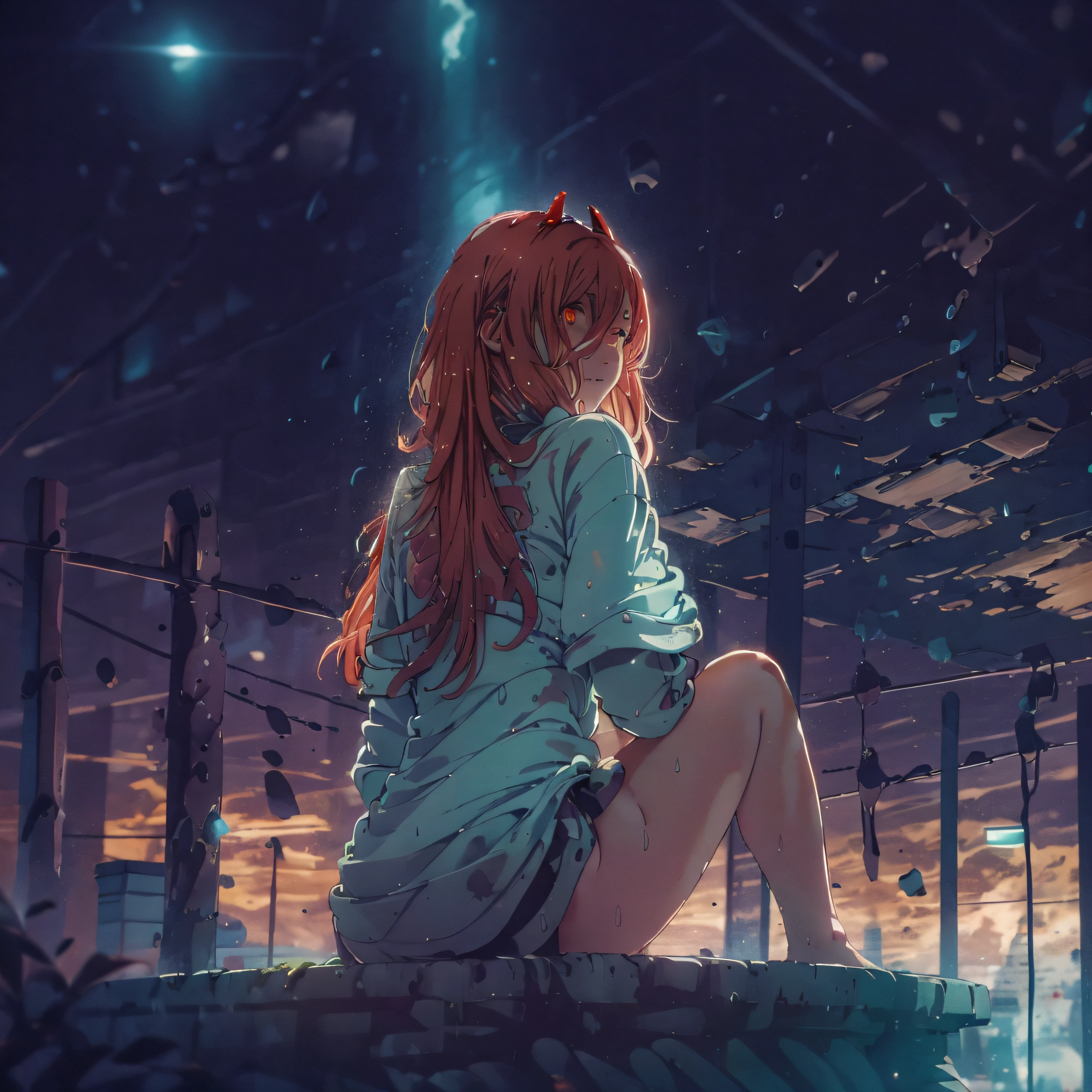 octans, sky, star (sky), scenery, starry sky, night, 1girl, night sky, solo, outdoors, building, cloud, comets, milky way, sitting, tree, bring laptop, long red hair, white shirt, golden eyes, black panties, wet, sexy, cyber city, futures, silhouette, cityscape, amazing, power, aura, gate.