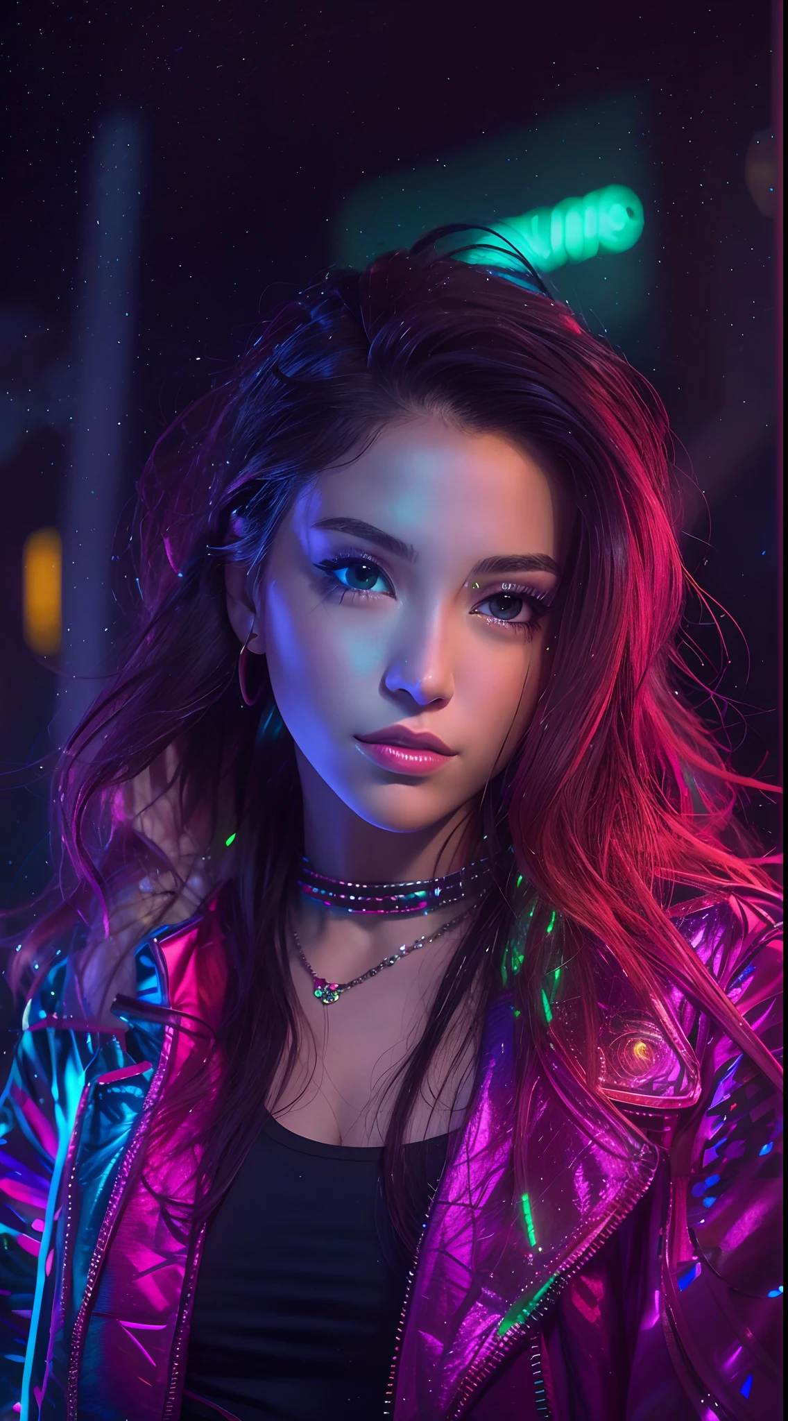 young woman, with long purple hair with blue and green tints, pink eyes, look at the viewer, blue skin, Pink, and yellow glitter, with a cigarette in his hand, portrait, raspberry bright lips
