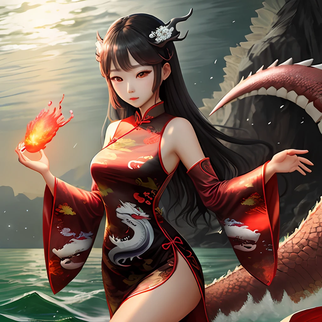 Deep sea dragon horn red eyes long hair beautiful girl cheongsam