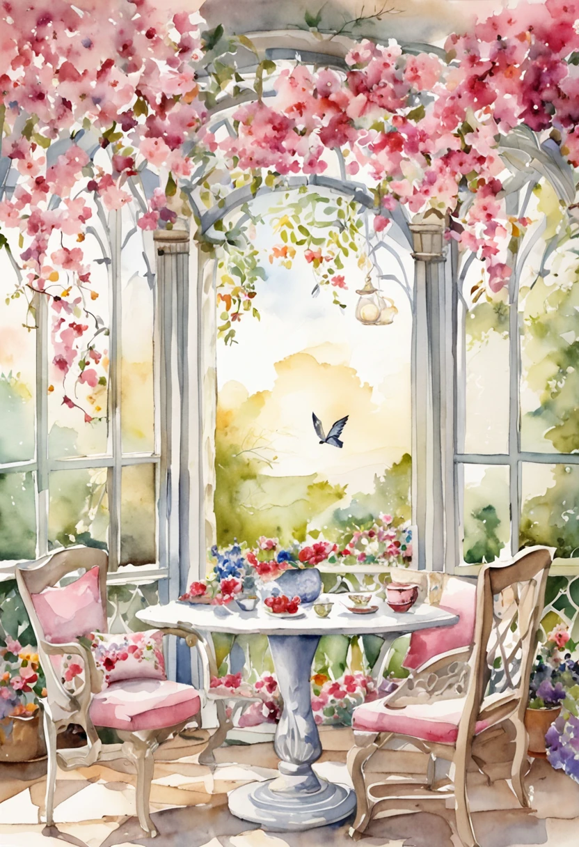 Flower garden style dining room decorated in pink and white, Photorealistic,There is a woman drinking tea,Pull image,Birds are flying