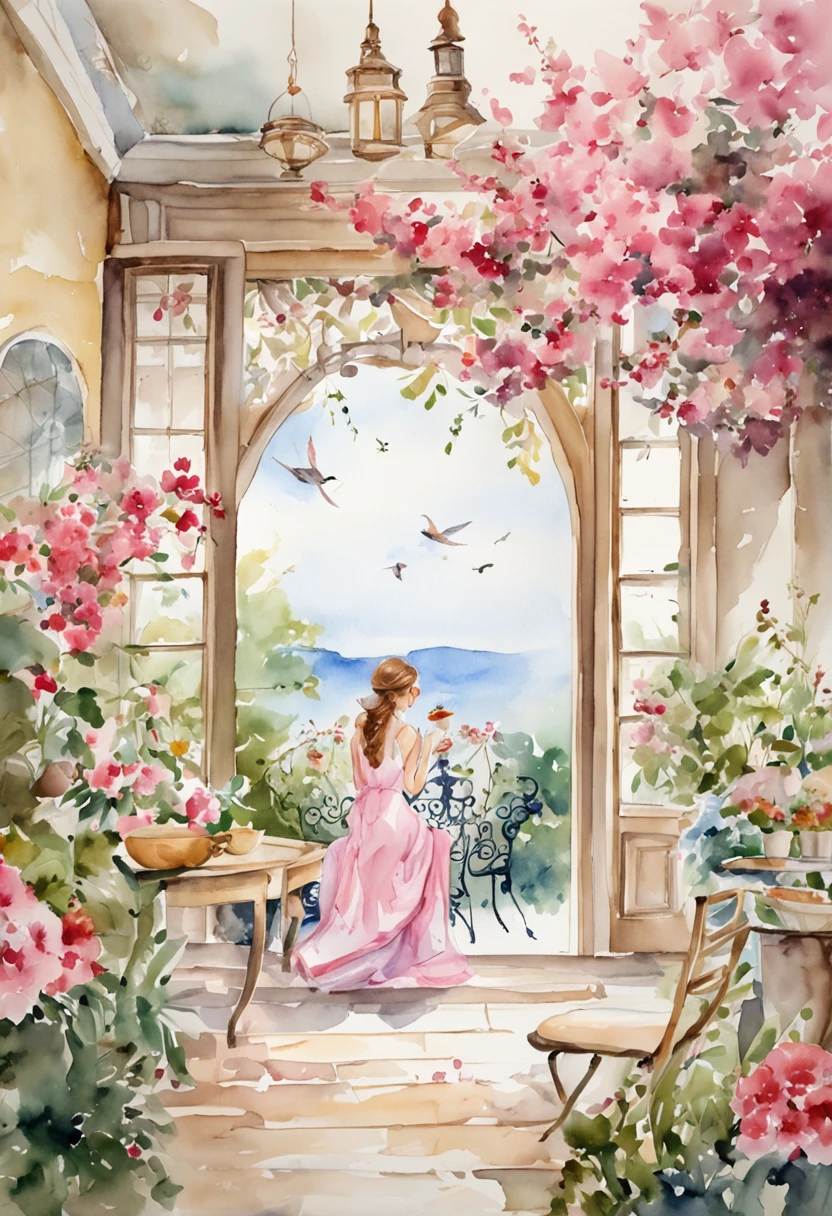 Flower garden style dining room decorated in pink and white, Photorealistic,There is a woman drinking tea,Pull image,Birds are flying