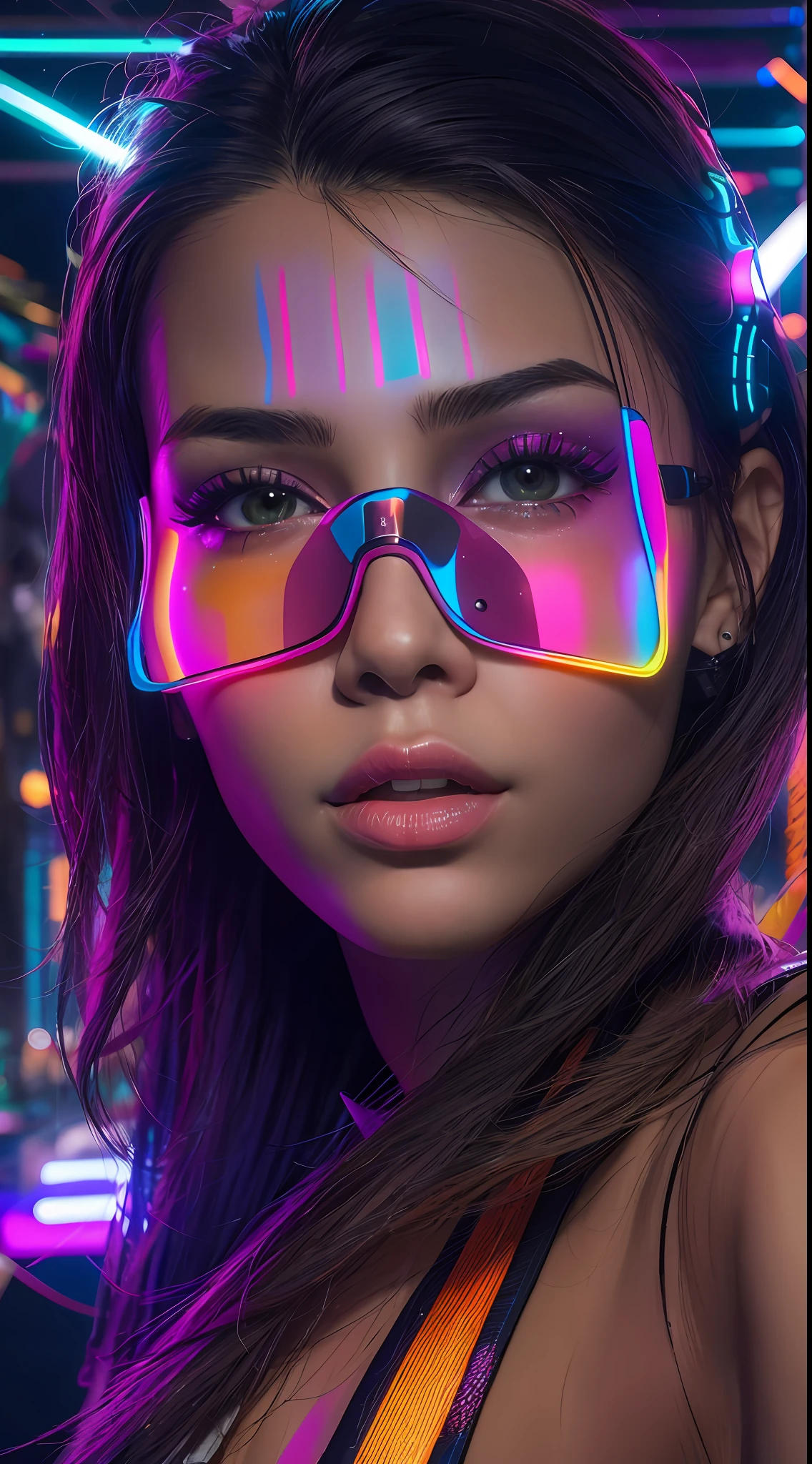 mulher arafed com longos cabelos castanhos e uma regata cyberpunk neon, retrato, Ela tem um rosto bonito, Imagens da Webcam, clivagem, peituda, sexy look at the camera, Fotografado na webcam, 4 8 0 p, 480p, Seu peito, she's facing the camera, gorgeous female, fundo do clube de discoteca, RGB, LED Rave Lighting