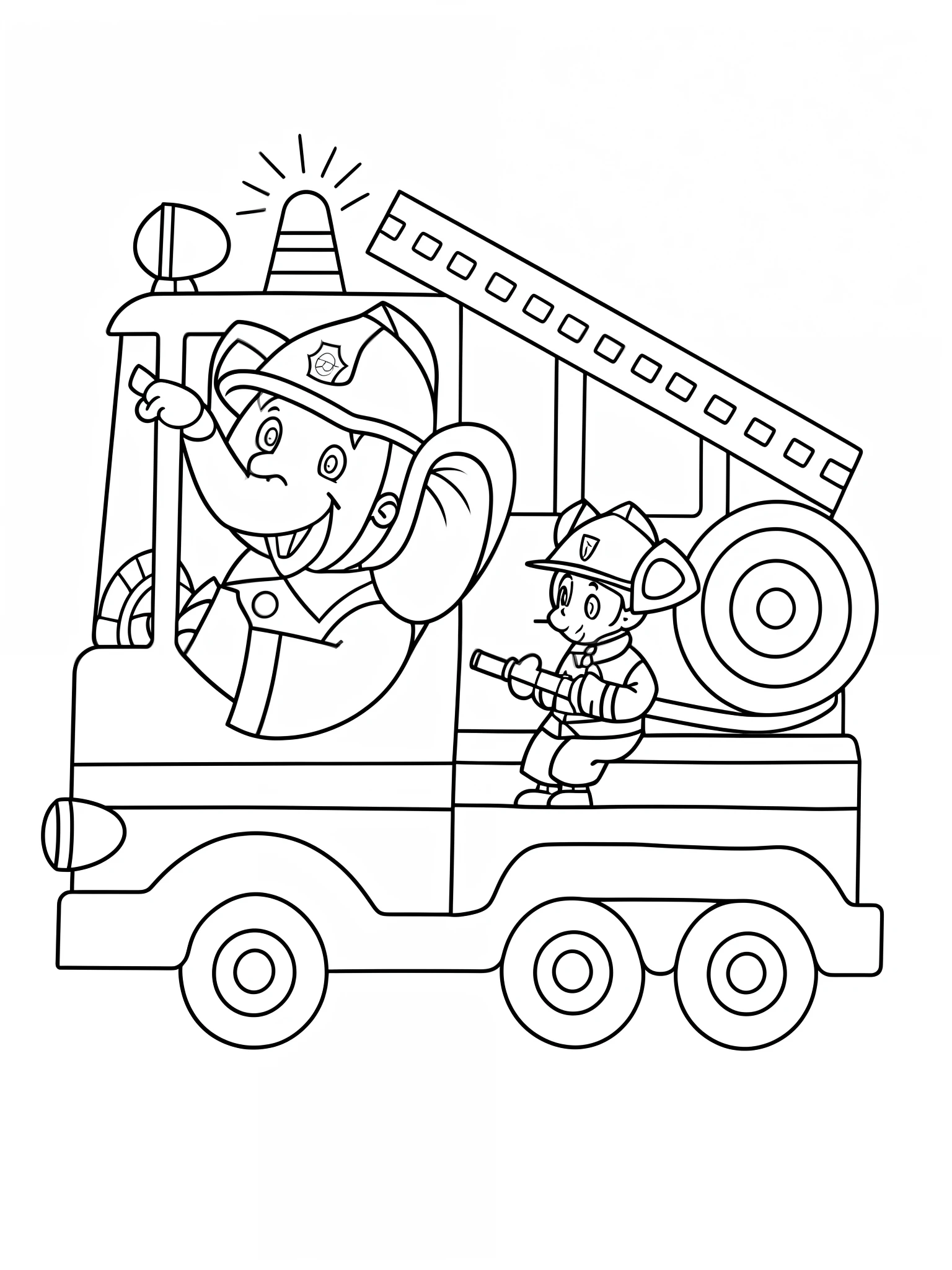 A coloring page of a fire truck with a firefighter and a dog, Dibujos para colorear, Esquema del libro para colorear, colouring - in sheet, Playing with a small fire truck, Dibujos para colorear, Line Art, coloring page, illustration black outlining, Dibujo de arte lineal para colorear, clean coloring book page, Dibujo de libro para colorear, libro para colorear, Vista grande, Arte lineal simple, line drawing