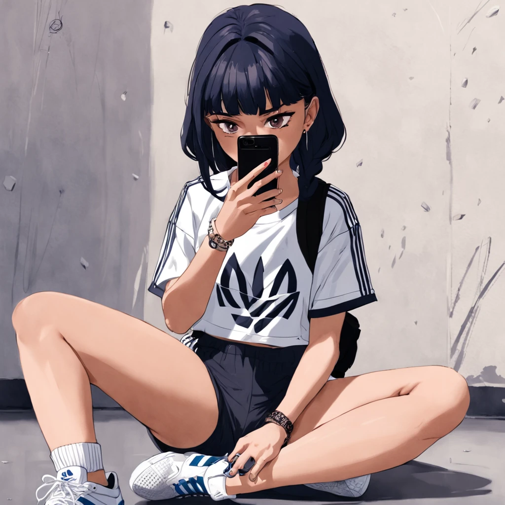 there is a woman sitting on the floor taking a picture of her cell phone, usando roupas adidas, peitos grandes, Coberto, she is wearing streetwear, com tatuagens, Tumblr, by Amelia Peláez, foto da roupa, imagem de perfil, editing, blogueira streetwear feminina, mulher no streetwear, ❤🔥🍄🌪, Audi estilo Flanie, Foto do perfil