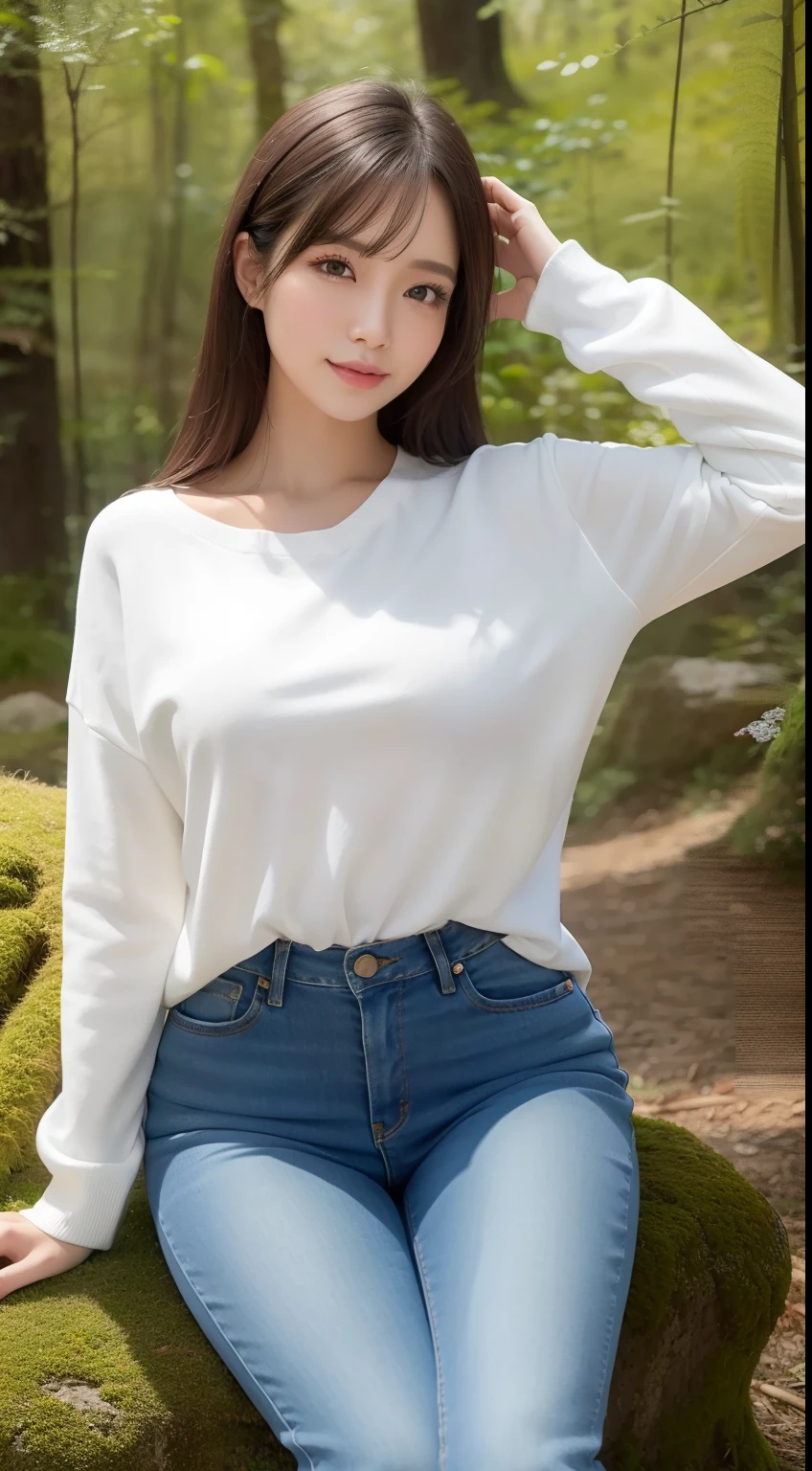 a pregirl，ssmile, looking at viewert，whitesweater，skintight jeans，photore, realisticlying, Best quality at best， 详细的脸，Detailed eyes，Sitting on a large mossy stone in the woods， diffuselighting, depth of fields