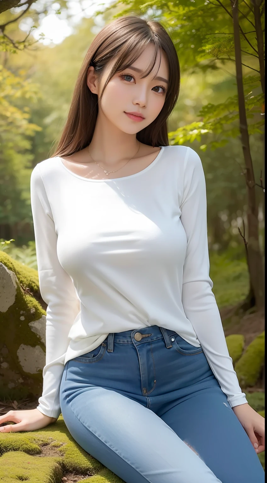 a pregirl,ssmile, looking at viewert,whitesweater,skintight jeans,photore, realisticlying, Best quality at best, 详细的脸,Detailed eyes,Sitting on a large mossy stone in the woods, diffuselighting, depth of fields