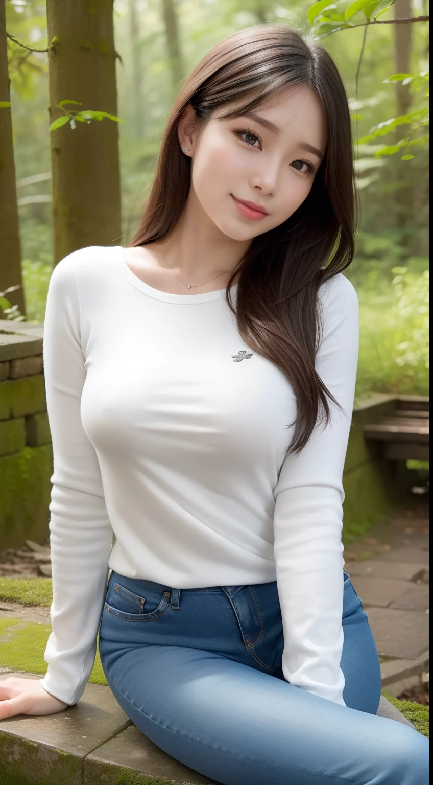 a pregirl,ssmile, looking at viewert,whitesweater,skintight jeans,photore, realisticlying, Best quality at best, 详细的脸,Detailed eyes,Sitting on a large mossy stone in the woods, diffuselighting, depth of fields
