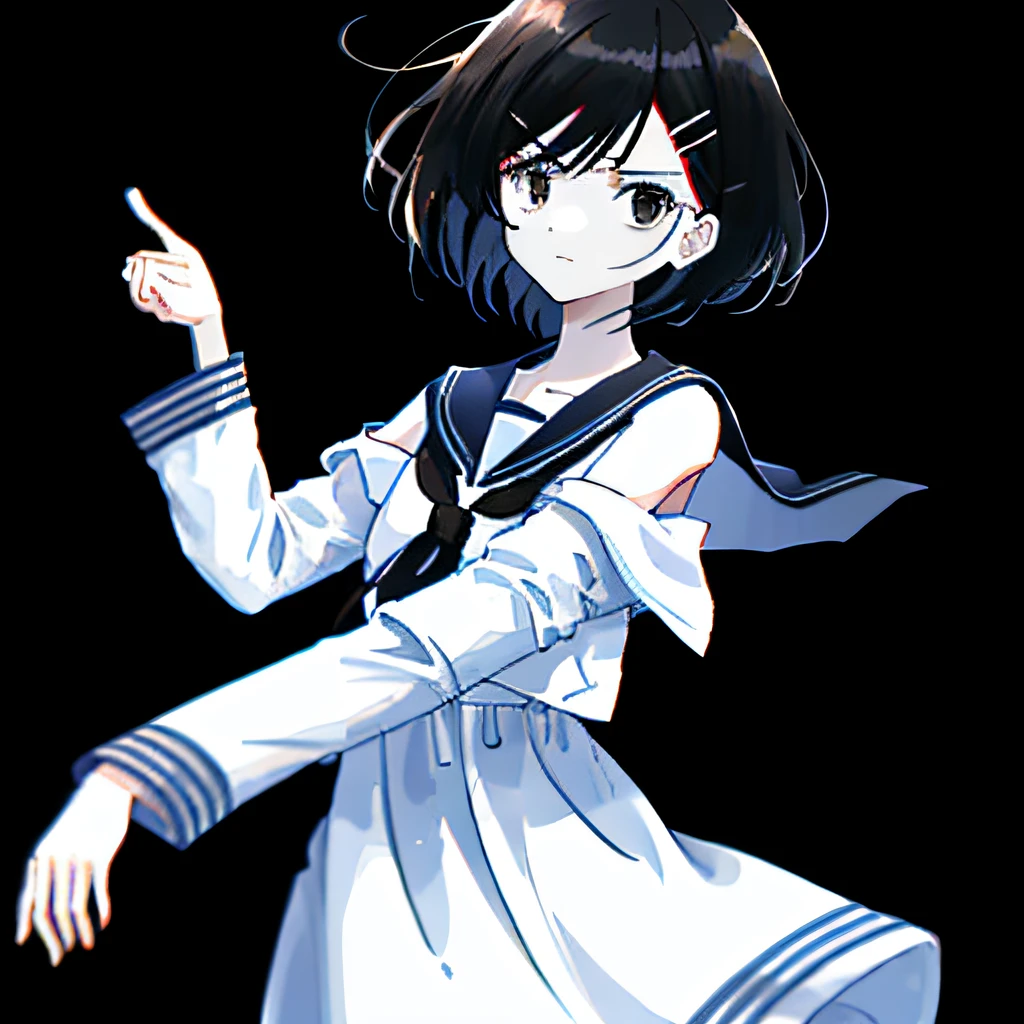 with black background,,Short hazel hair、Spread over the shoulder、bit girl,a sailor suit,Heterochondrial hairpins、Black eyes,White off-the-shoulder nightdress,irate,、hyper HD、high detal、high qulity、1080p、k hd、16k