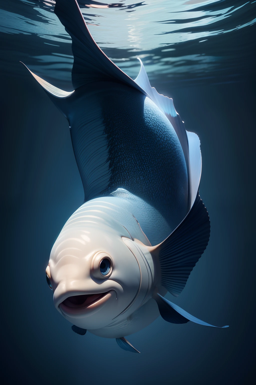 A very dynamic scene. ass big, Huge ass, Lonely, lilt, Good fish, Dancing underwater, Fish in a hat and smiling, a closeup of a, super realistic, Cinematic, dark blue and light beige, Light haze, blurred background