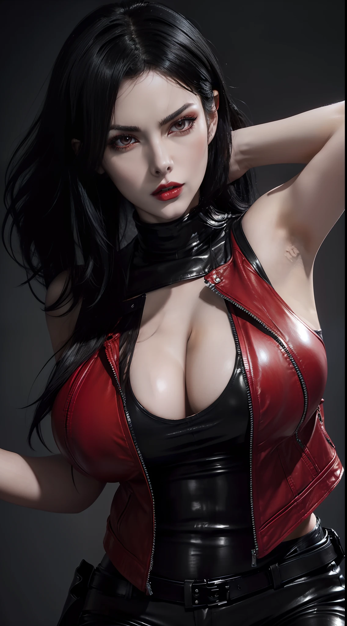 (Selene from Underworld wearing red leather jacket, black tanktop and black pants), (short wavy black hair), (pale skin), (serious face), (solid color background), (huge breasts:1.5), dynamic angle shot, dynamic pose, studio lighting, photo realism, intricate face detail, intricate hand details, highly detailed, vibrant colors, cinematic, high definition, trending on Artstation--style raw