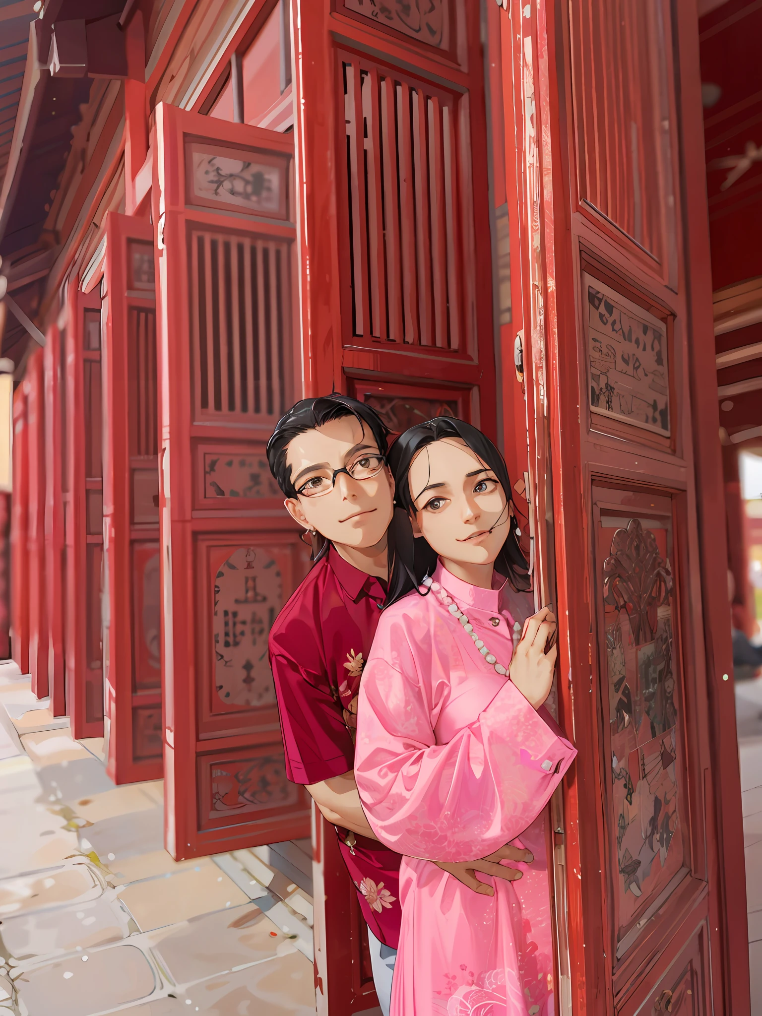 tmasterpiece,best qualityer,1 male,AS-Adult,handsome,with short black hair,The shirt,wears glasses,a 1 woman,AS-Adult,big breasts beautiful,Black shoulder-length hair,Pearl earrings,Hold a toddler,complexdetails