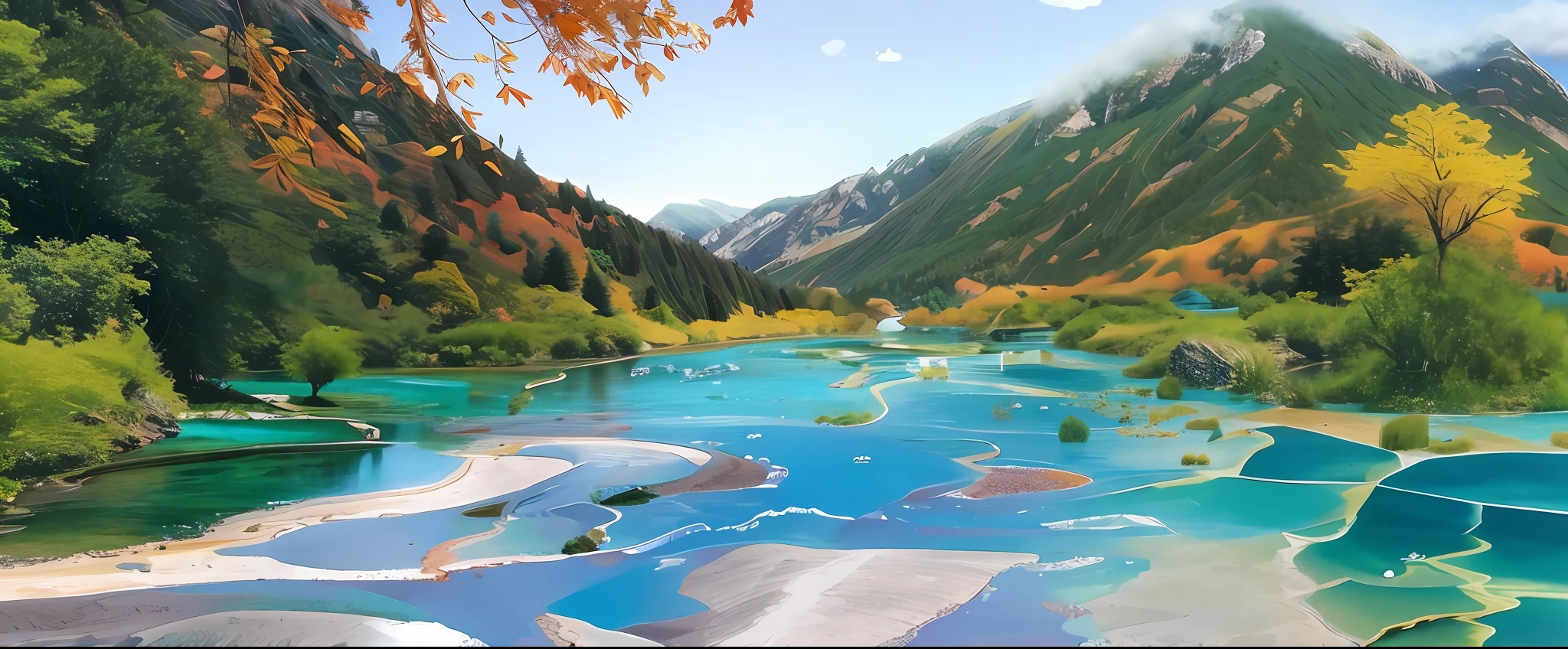 There is a river,Aqua blue,The background is a mountain, Extraordinary colorful landscape, Scenic Colorful Environment, natural landscape beauty, Really beautiful nature, Majestic nature, breathtaking colors, blue and green water, azure water, rich picturesque colors, puddles of turquoise water, river with stunning water, Beautiful nature, Blue waters, very beautiful scenery