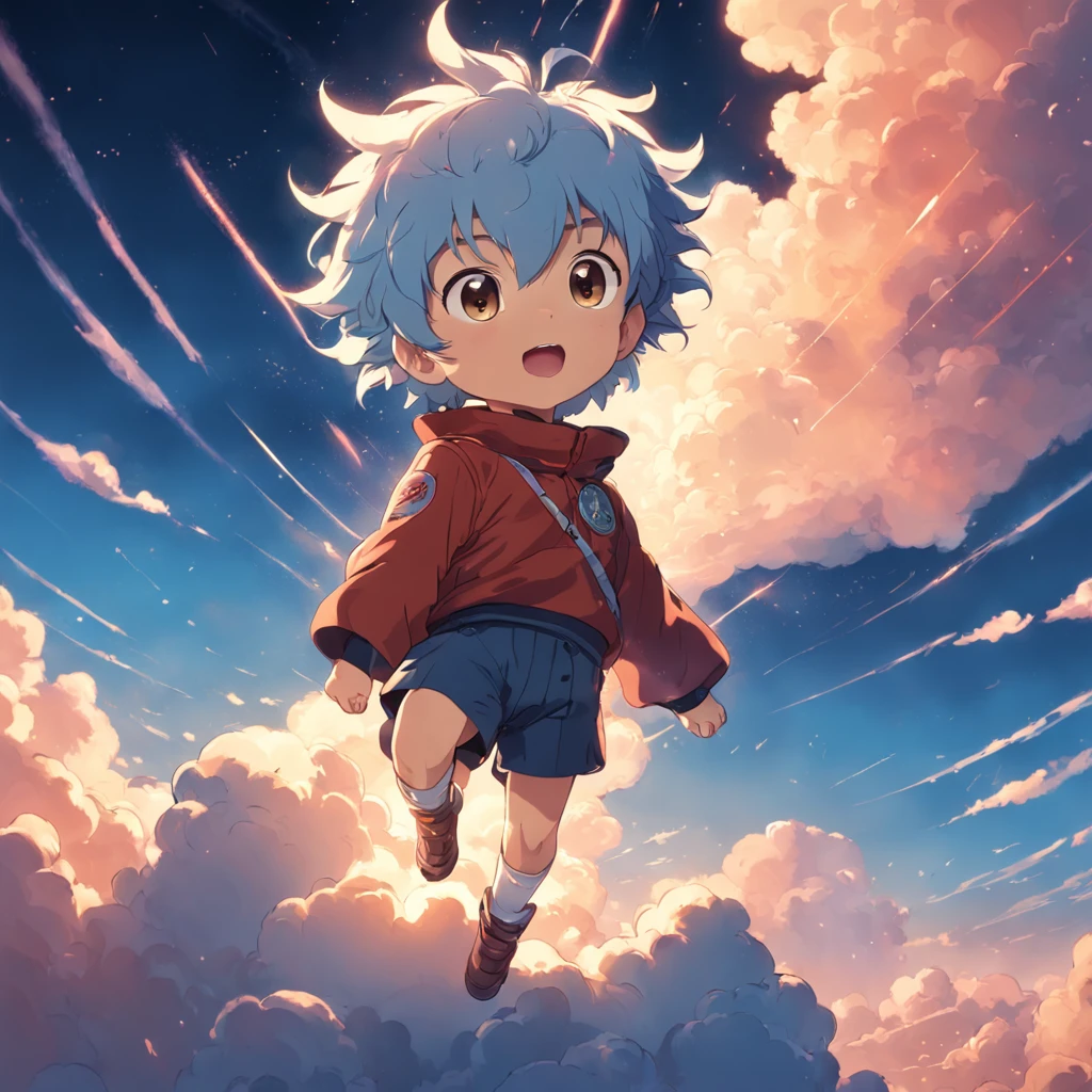masterpiece, best quality, movie still, 1boy, cloud boy, floating in the sky, close-up, bright, happy, warm soft lighting, sunset, (sparks:0.7)